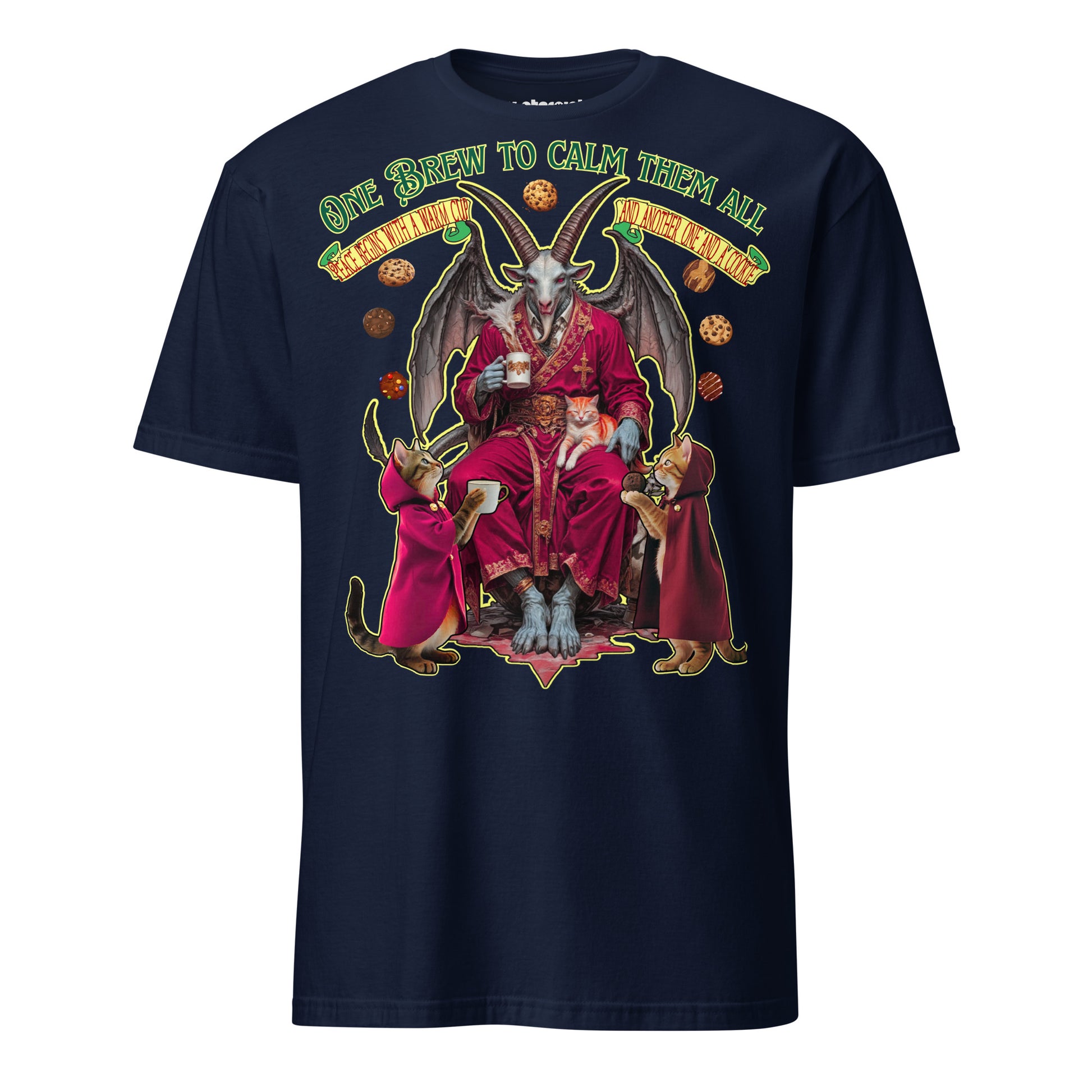 Winterpink T-Shirt – Baphomet im Morgenmantel mit Kaffee & Keksen, begleitet von zeremoniellen Katzen, ‚One Brew to Calm Them All‘ Design