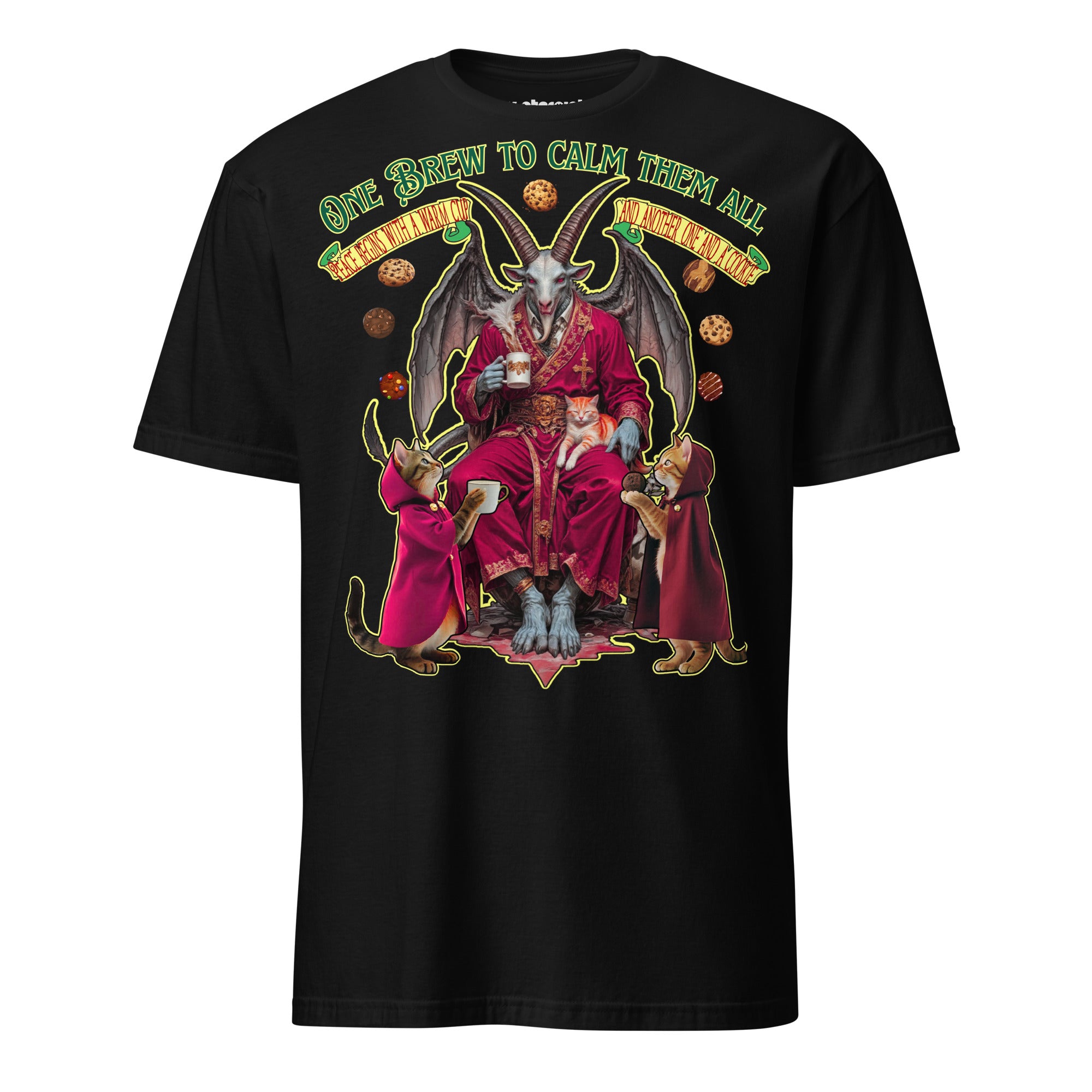 Winterpink T-Shirt – Baphomet im Morgenmantel mit Kaffee & Keksen, begleitet von zeremoniellen Katzen, ‚One Brew to Calm Them All‘ Design