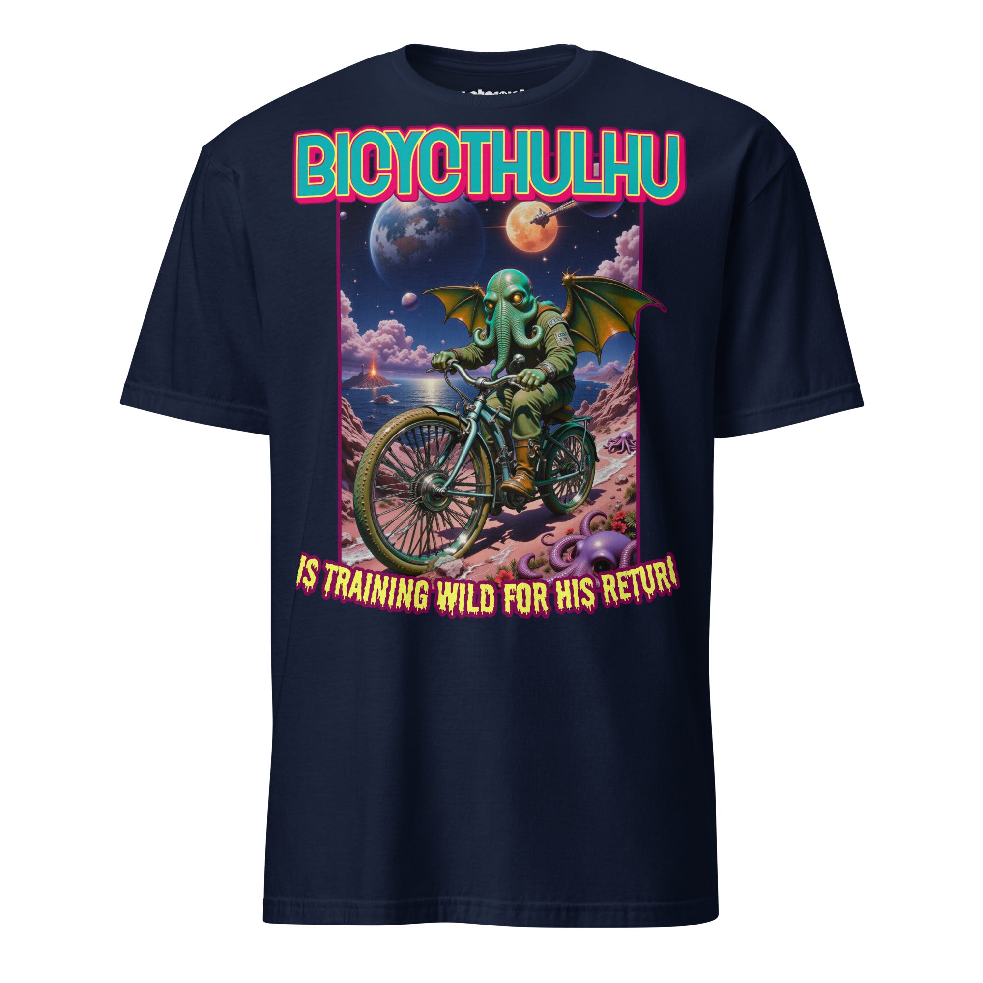Winterpink T-Shirt Bicycthulhu Tentakel-Gott Cthulhu auf Fahrrad, Cosmic-Horror trifft Humor, absurd-surreales Nerd-Shirt mit Sci-Fi Vibe