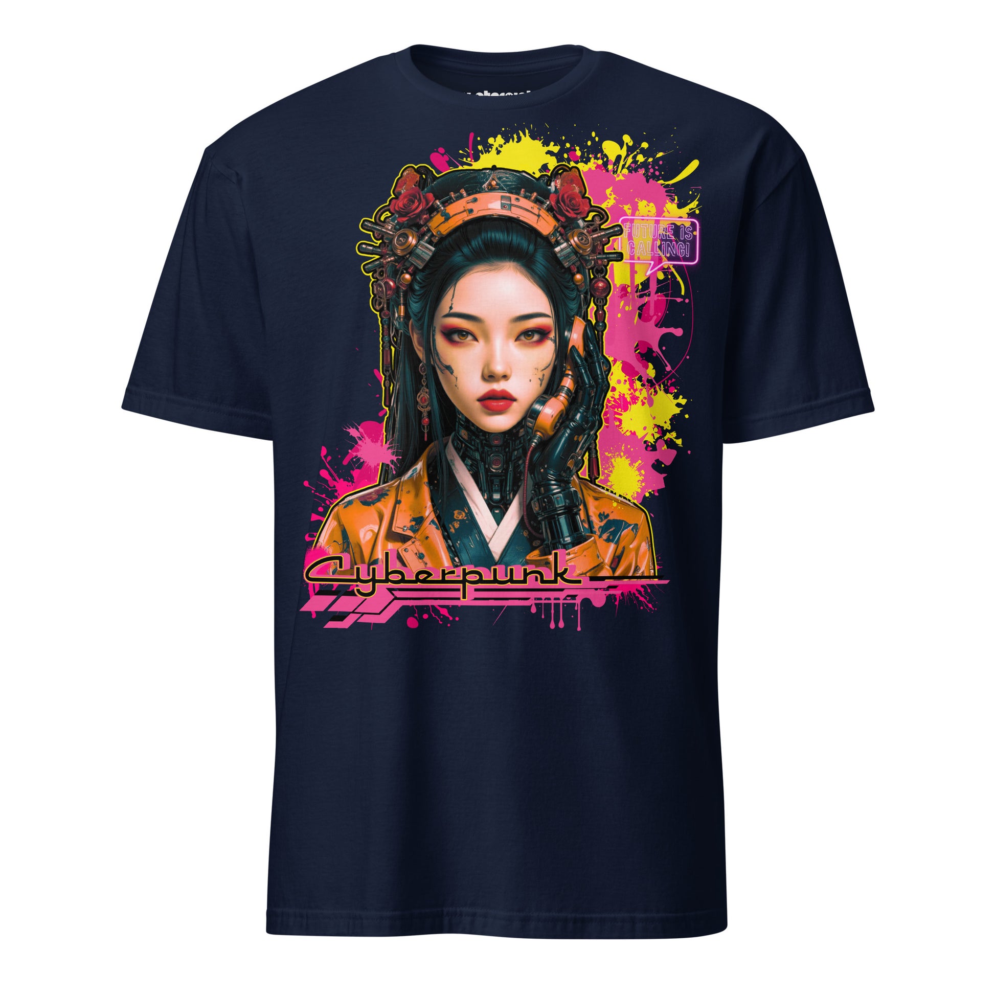 Winterpink T-Shirt mit Cyberpunk-Motiv einer futuristischen Frau Neon-Details und der Aufschrift „Future is Calling