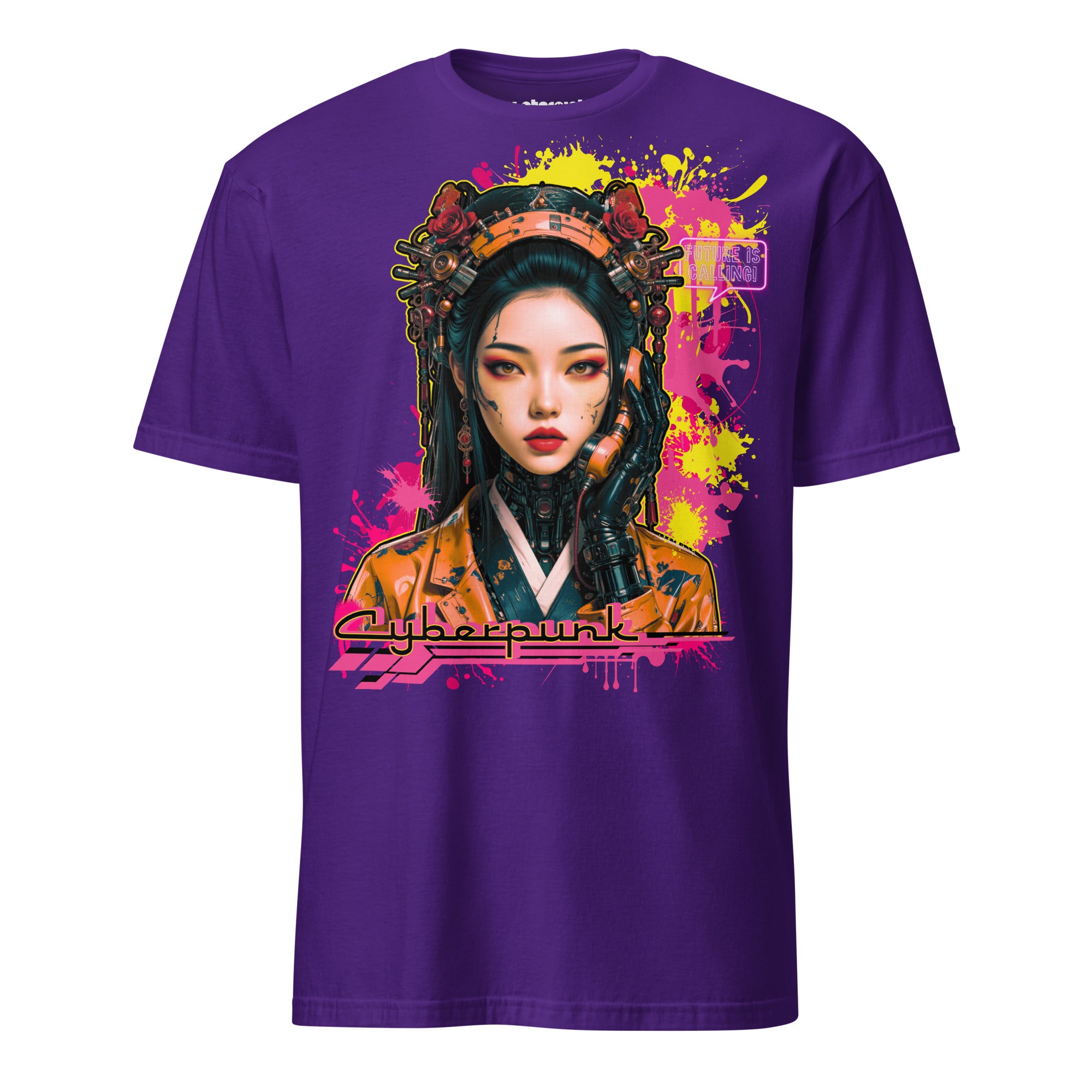 Winterpink T-Shirt mit Cyberpunk-Motiv einer futuristischen Frau Neon-Details und der Aufschrift „Future is Calling