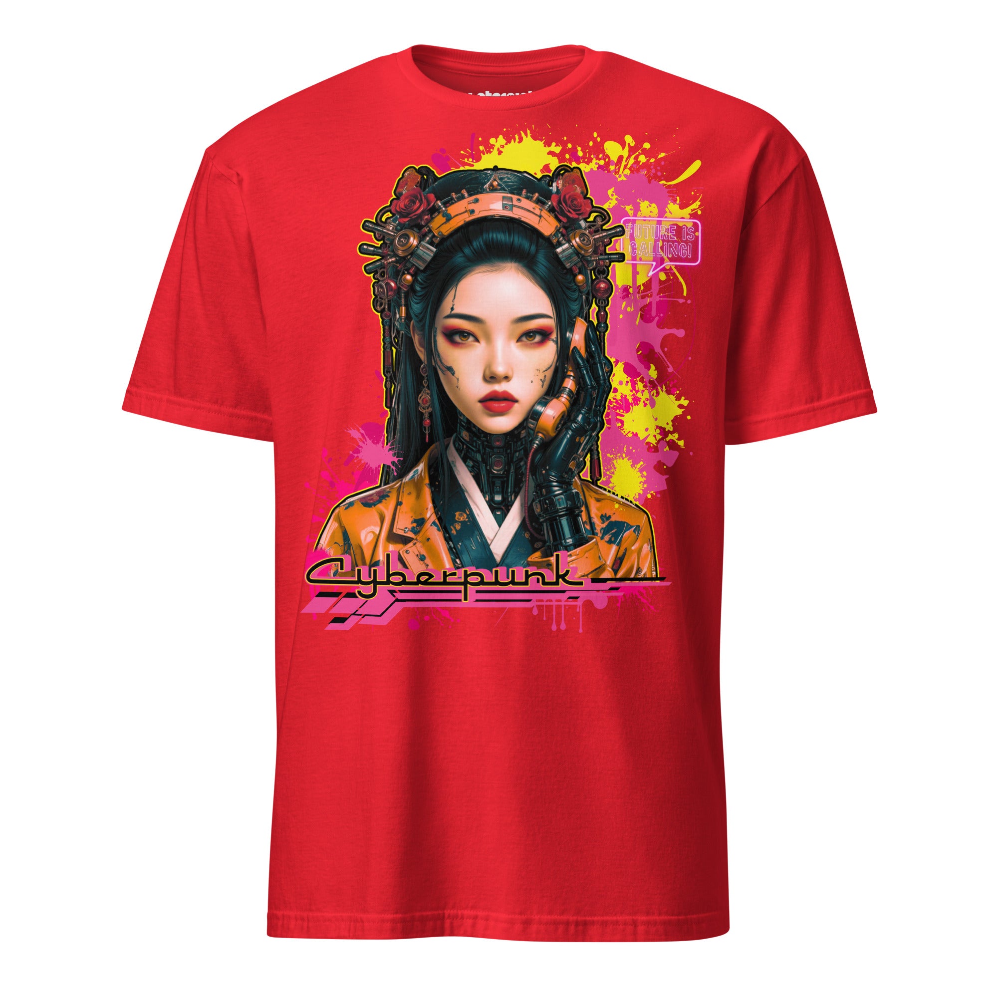 Winterpink T-Shirt mit Cyberpunk-Motiv einer futuristischen Frau Neon-Details und der Aufschrift „Future is Calling