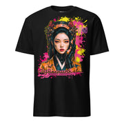Winterpink T-Shirt mit Cyberpunk-Motiv einer futuristischen Frau Neon-Details und der Aufschrift „Future is Calling