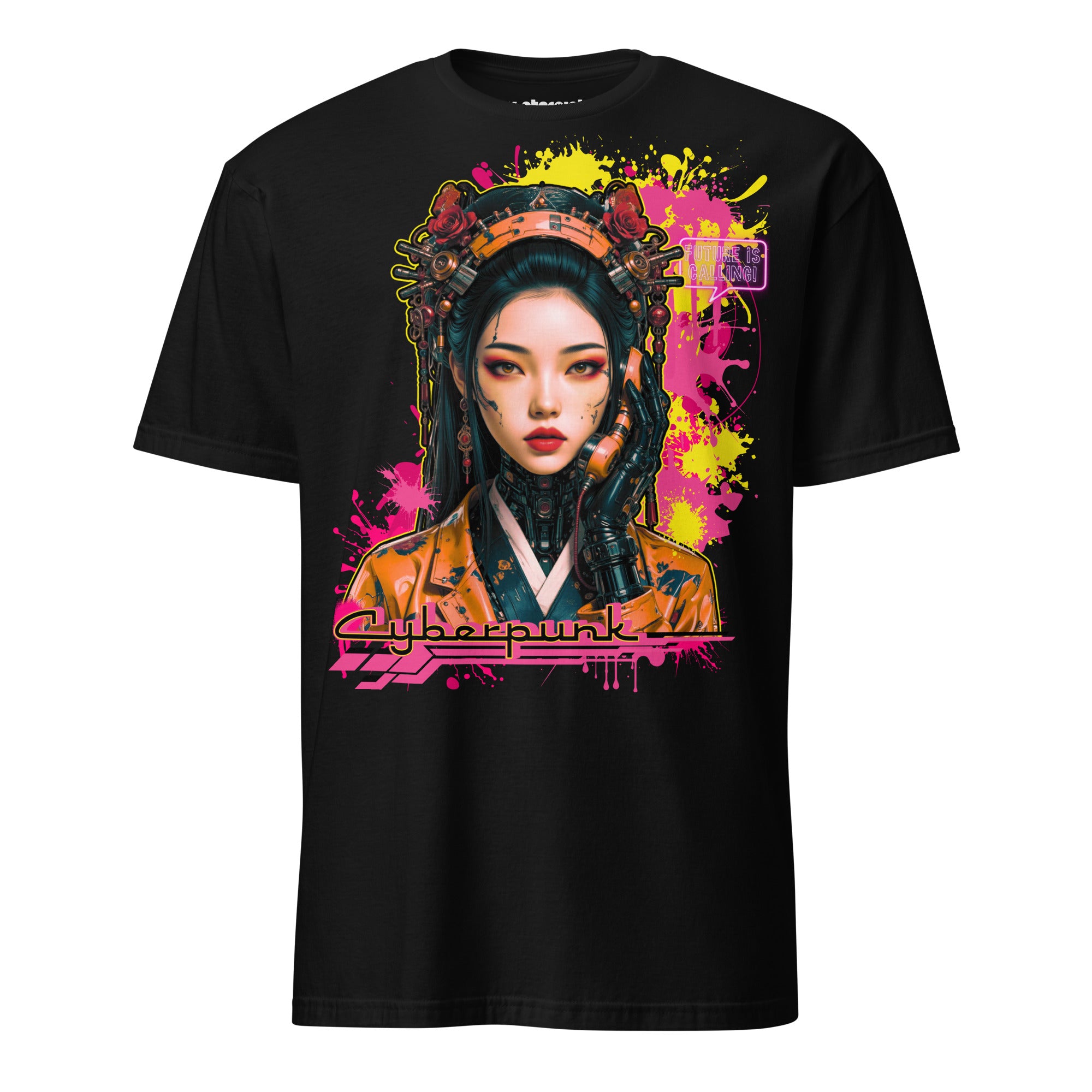 Winterpink T-Shirt mit Cyberpunk-Motiv einer futuristischen Frau Neon-Details und der Aufschrift „Future is Calling