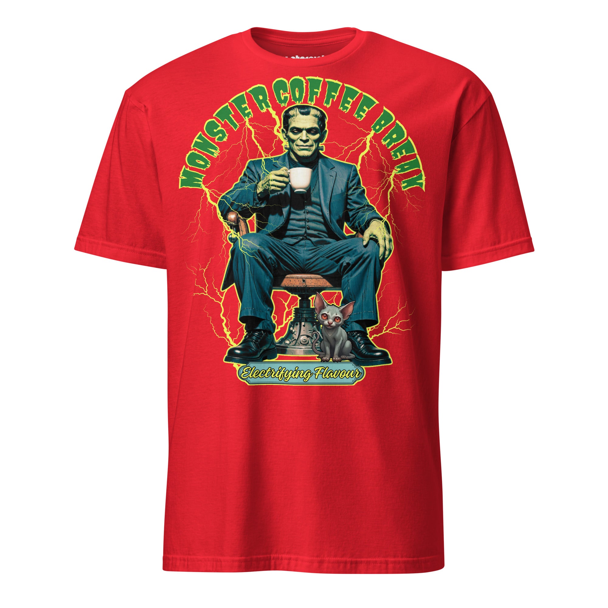 Winterpink T-Shirt – Frankenstein’s Monster im Anzug mit Kaffee & Katze, electrifying flavour, Monster Coffee Break Design