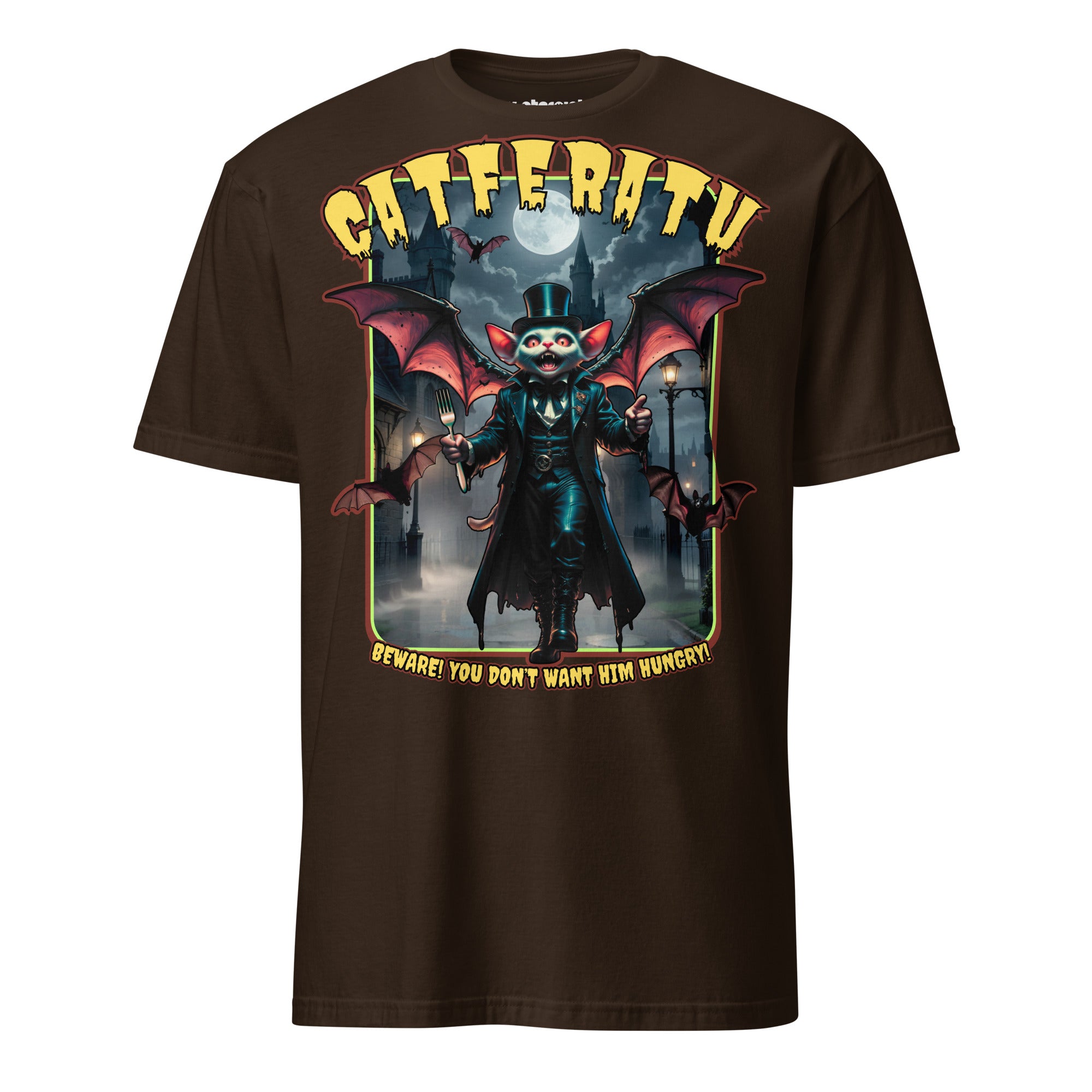 Winterpink T-Shirt Catferatu – Vampurr-Katze mit Zylinder, Cape & Fledermausflügeln, Parodie auf hungrige Katzen bei Mitternacht im Gothic-Horror Look