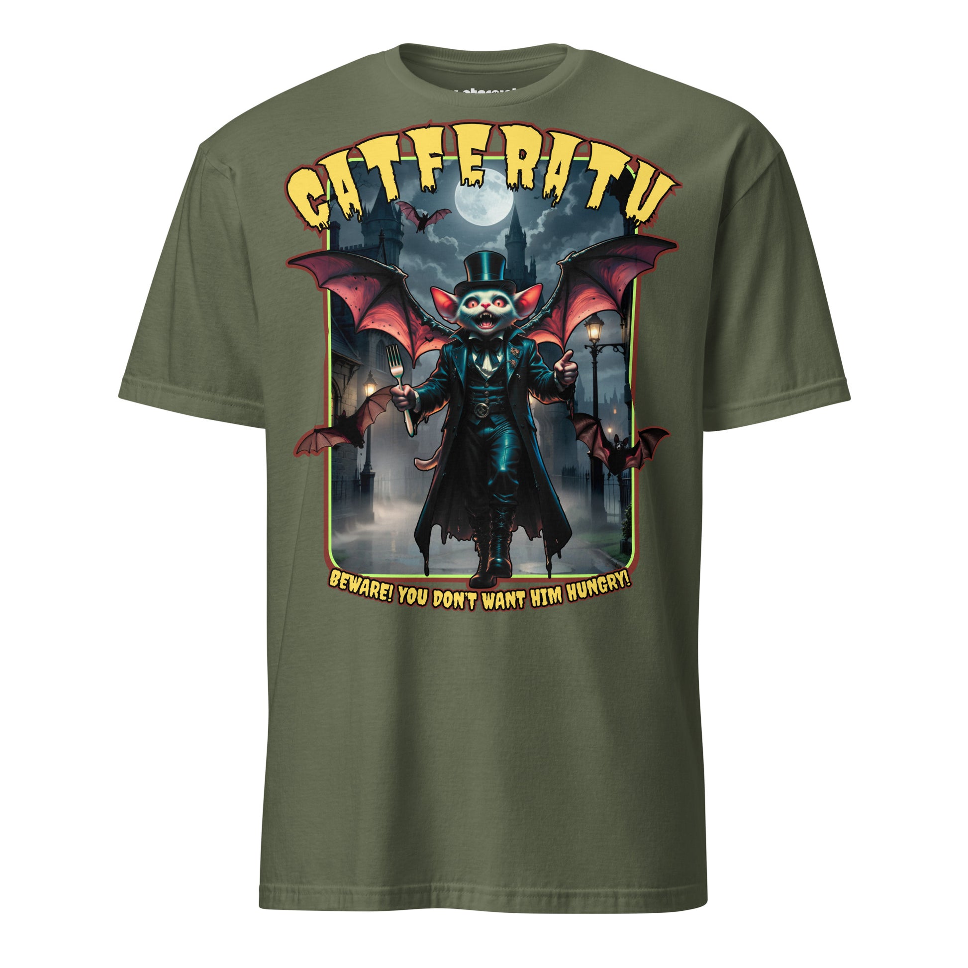 Winterpink T-Shirt Catferatu – Vampurr-Katze mit Zylinder, Cape & Fledermausflügeln, Parodie auf hungrige Katzen bei Mitternacht im Gothic-Horror Look