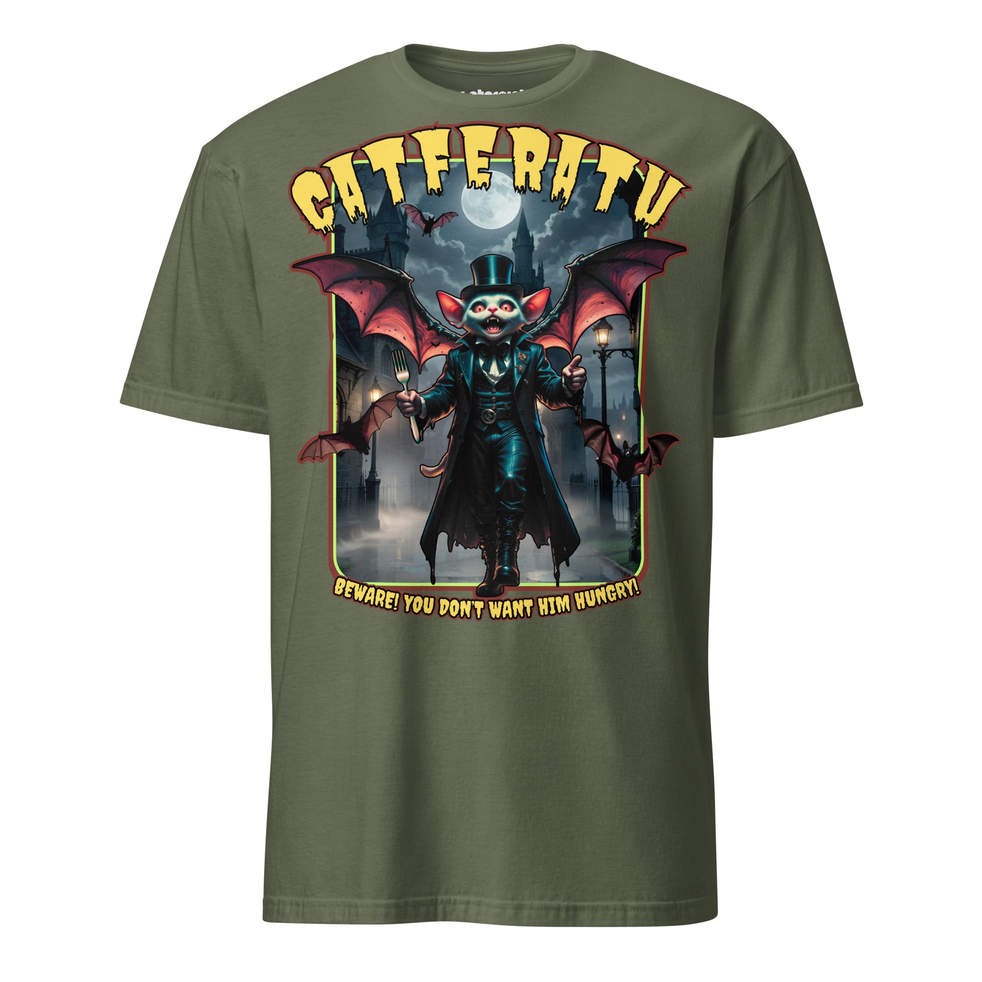 Winterpink T-Shirt Catferatu – Vampurr-Katze mit Zylinder, Cape & Fledermausflügeln, Parodie auf hungrige Katzen bei Mitternacht im Gothic-Horror Look
