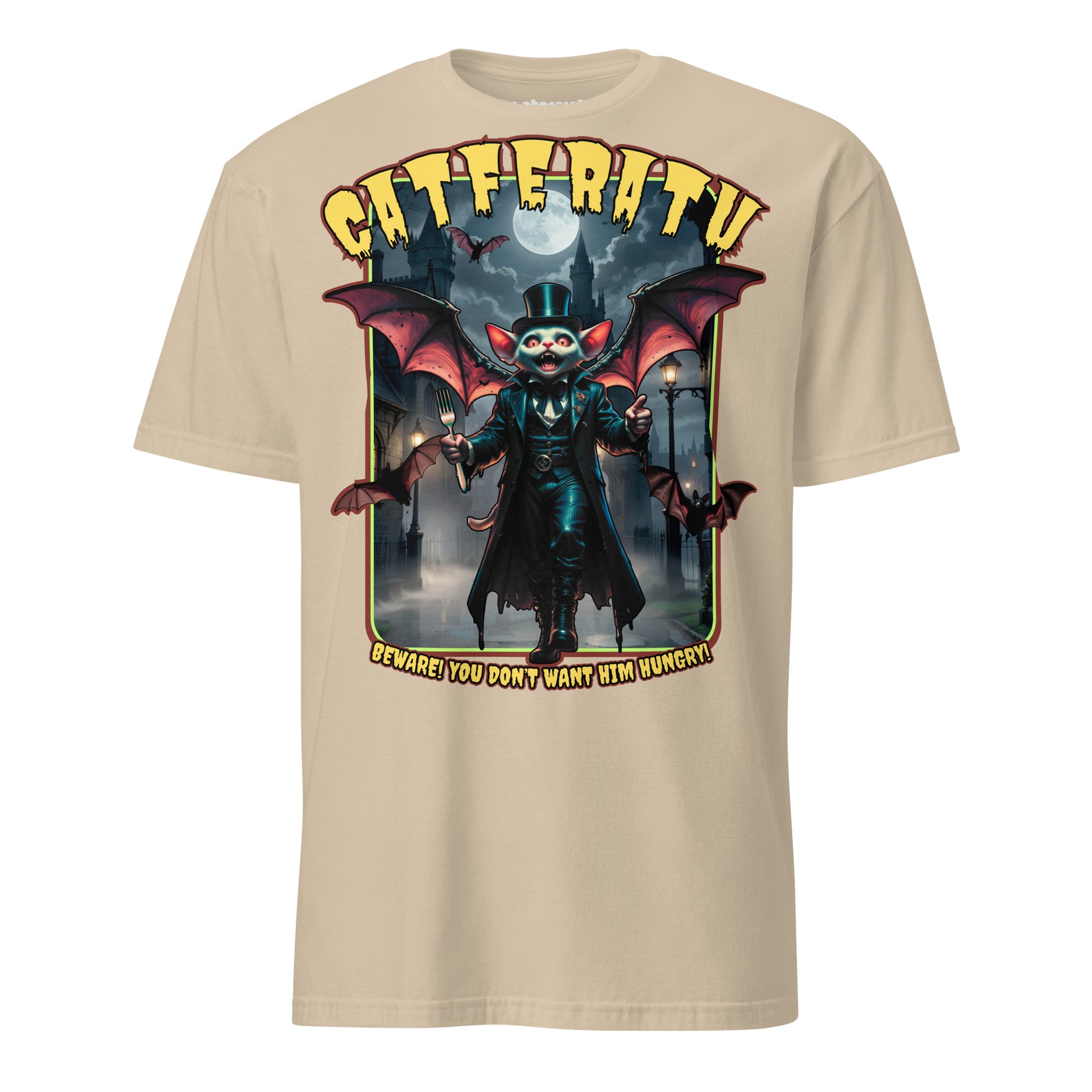 Winterpink T-Shirt Catferatu – Vampurr-Katze mit Zylinder, Cape & Fledermausflügeln, Parodie auf hungrige Katzen bei Mitternacht im Gothic-Horror Look