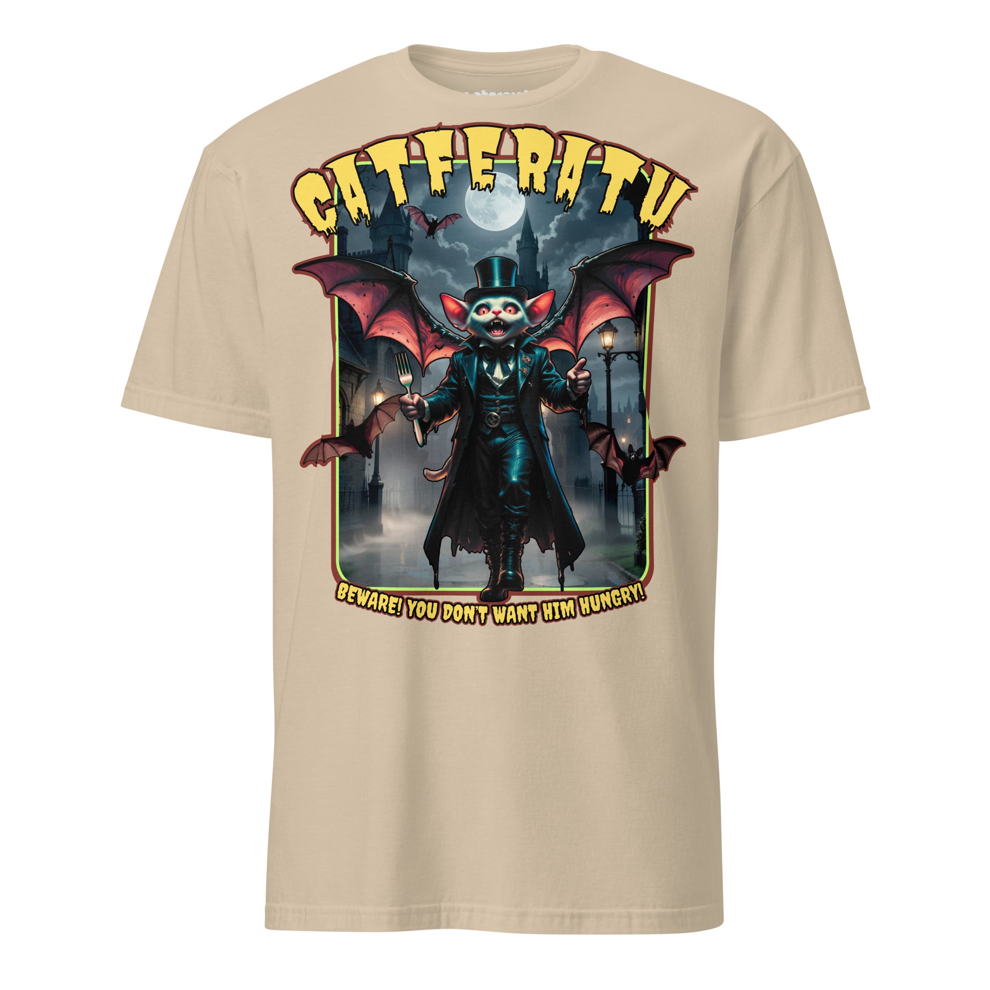 Winterpink T-Shirt Catferatu – Vampurr-Katze mit Zylinder, Cape & Fledermausflügeln, Parodie auf hungrige Katzen bei Mitternacht im Gothic-Horror Look