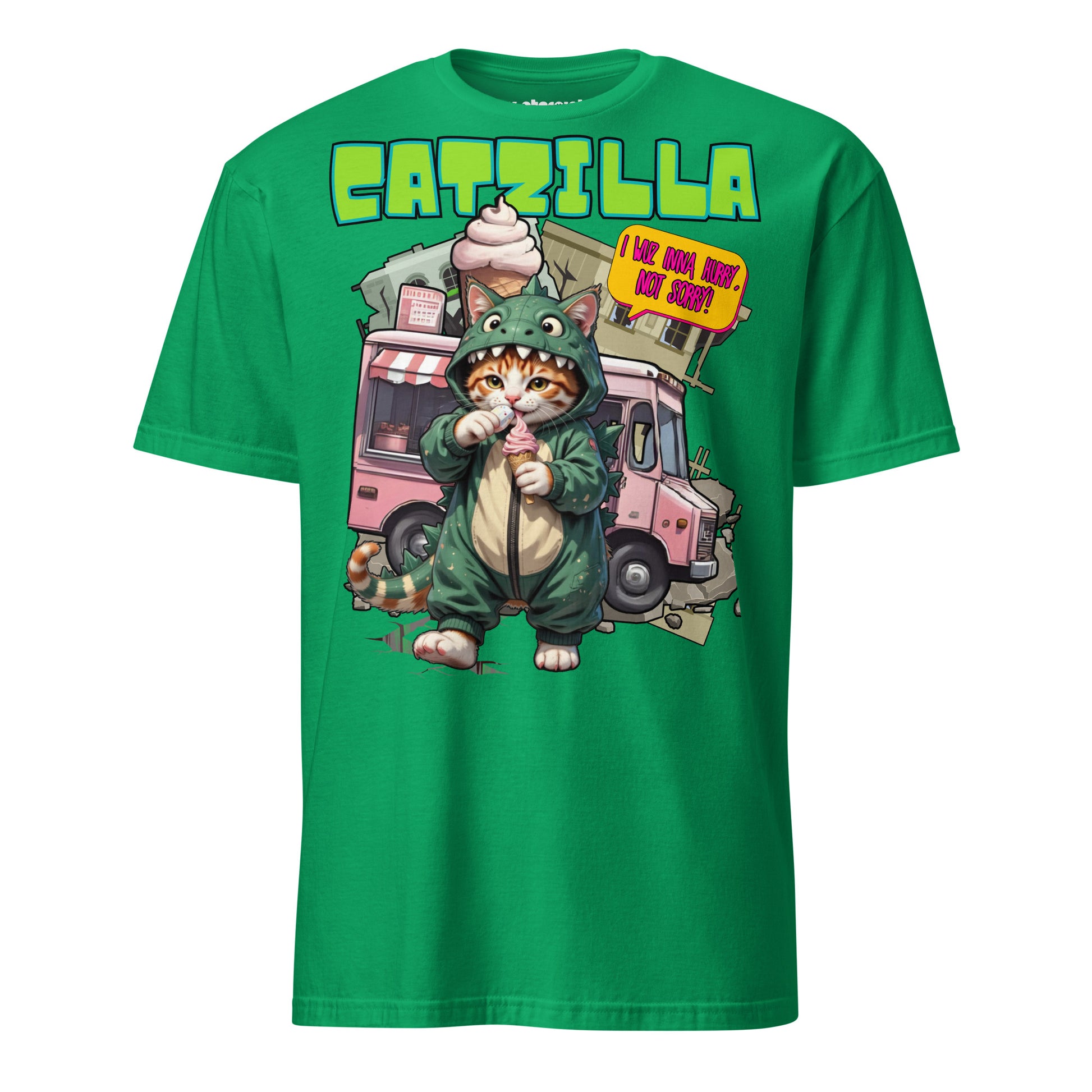 Winterpink T-Shirt CATZILLA – Katze im Godzilla-Cosplay mit pinkem Softeis, Kaiju-Satire & Streetwear-Design, empowernd & humorvoll