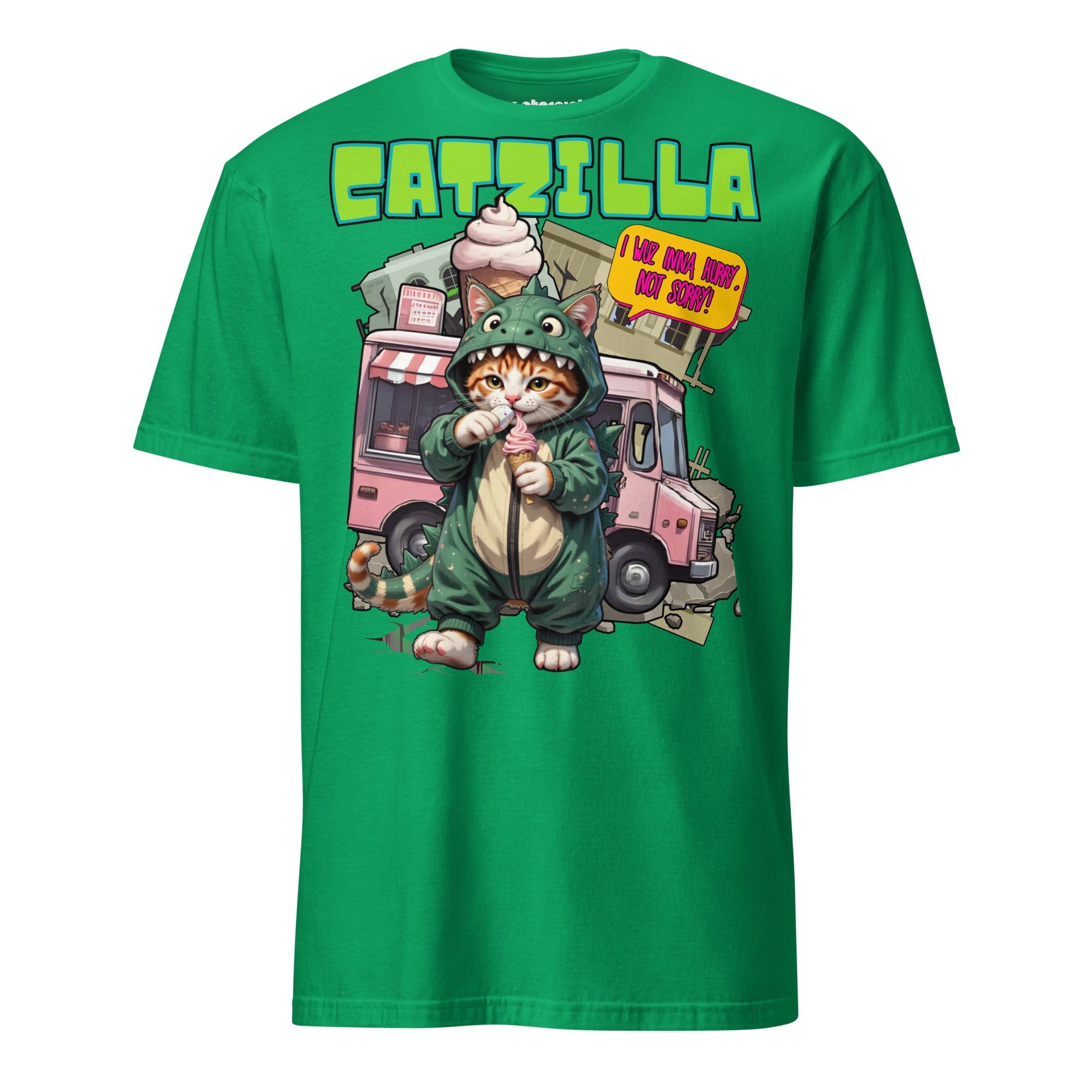 Winterpink T-Shirt CATZILLA – Katze im Godzilla-Cosplay mit pinkem Softeis, Kaiju-Satire & Streetwear-Design, empowernd & humorvoll