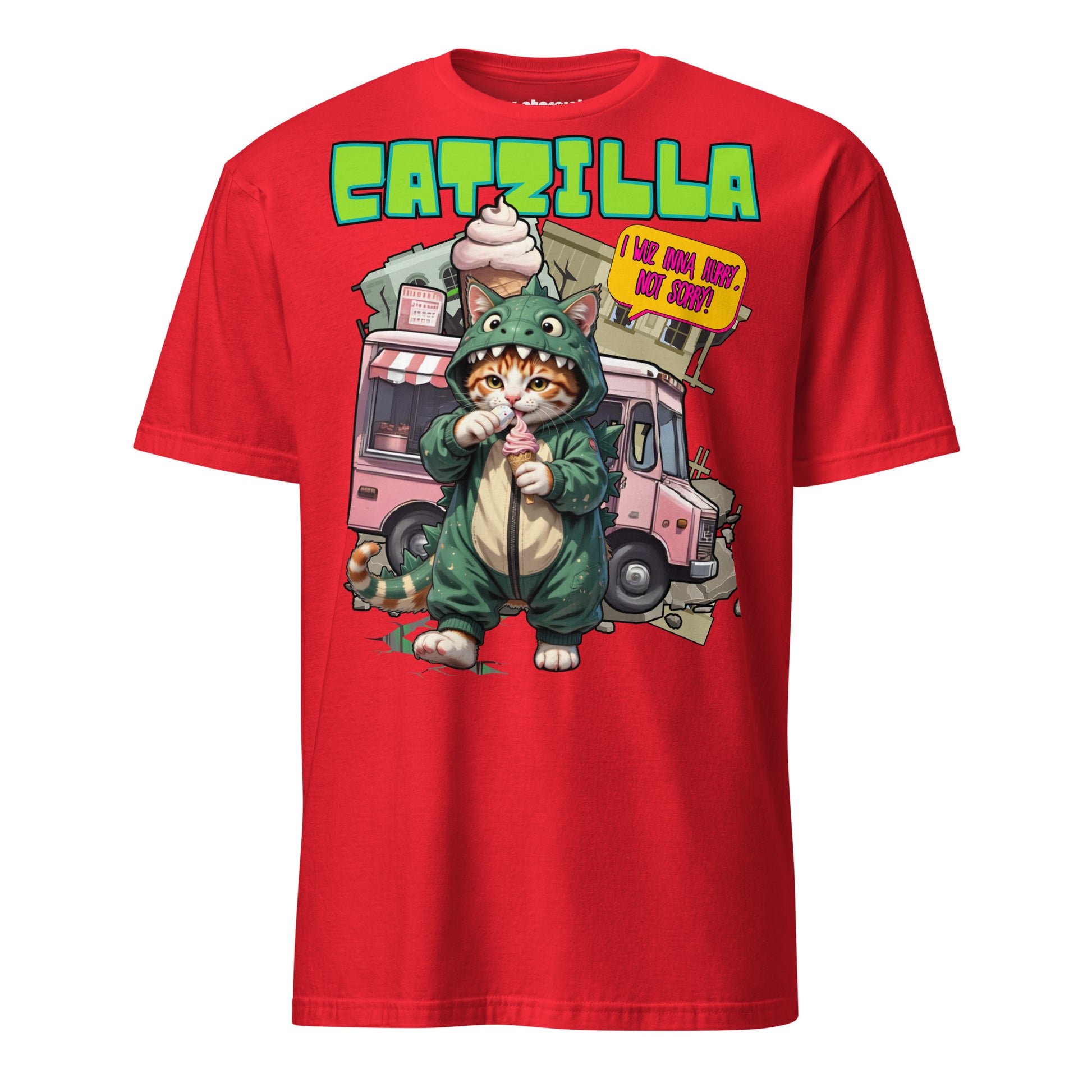 Winterpink T-Shirt CATZILLA – Katze im Godzilla-Cosplay mit pinkem Softeis, Kaiju-Satire & Streetwear-Design, empowernd & humorvoll
