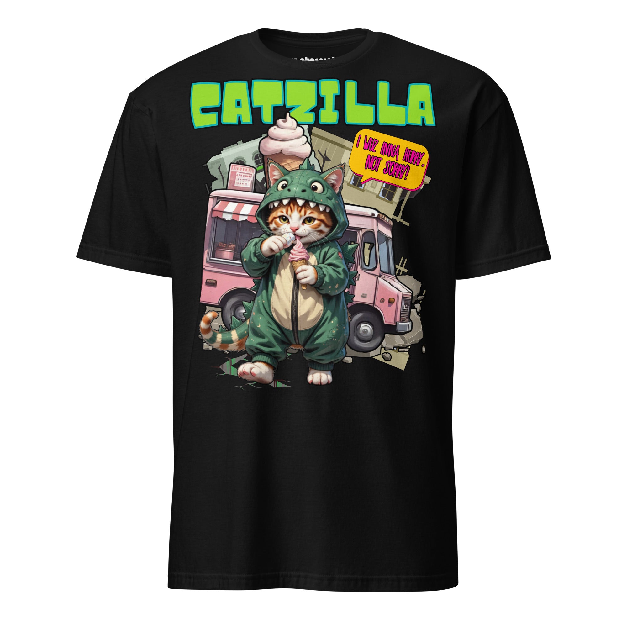 Winterpink T-Shirt CATZILLA – Katze im Godzilla-Cosplay mit pinkem Softeis, Kaiju-Satire & Streetwear-Design, empowernd & humorvoll