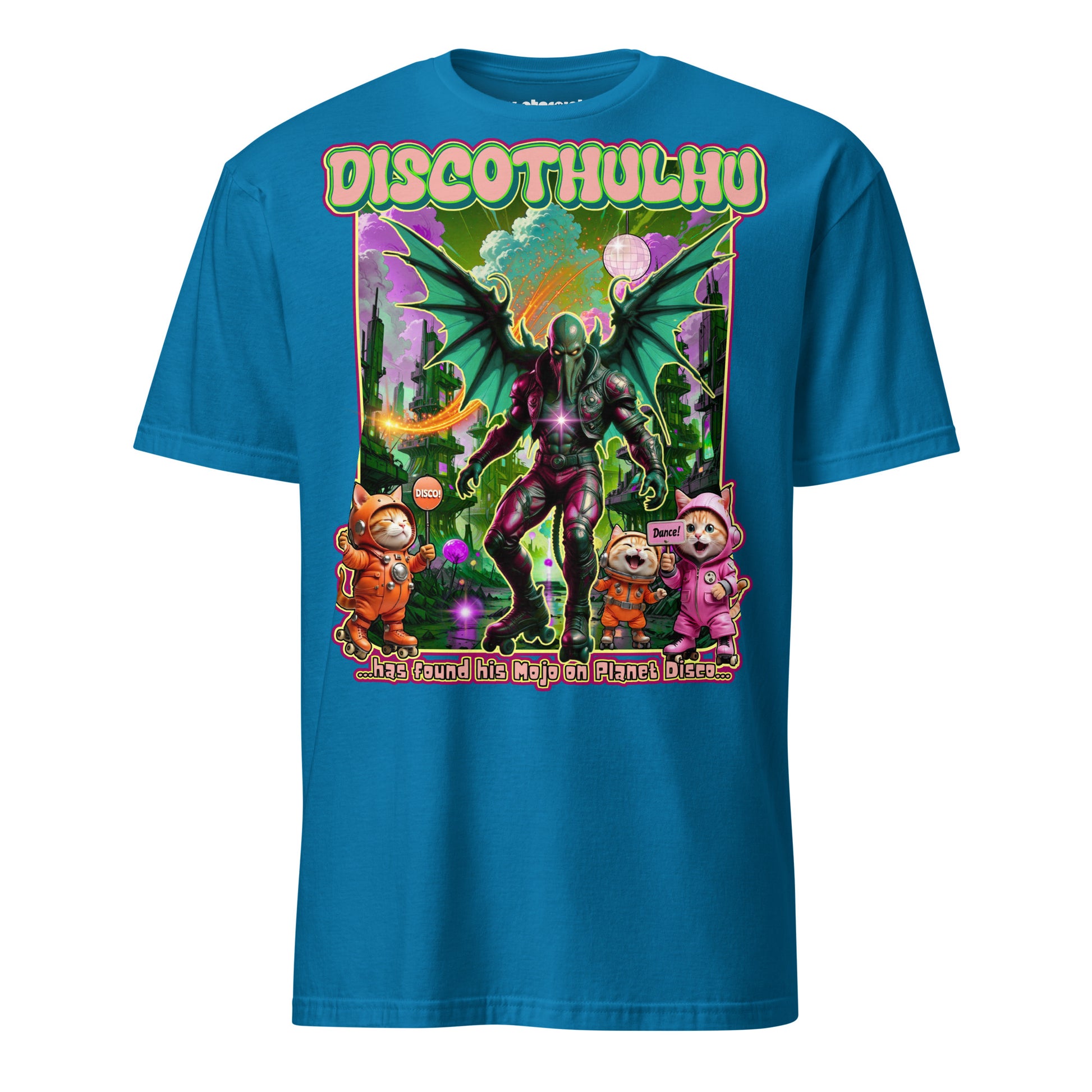 Winterpink T-Shirt Discothulhu – Cthulhu auf Rollschuhen mit Katzen im Disco-Style, großflächiger Frontdruck