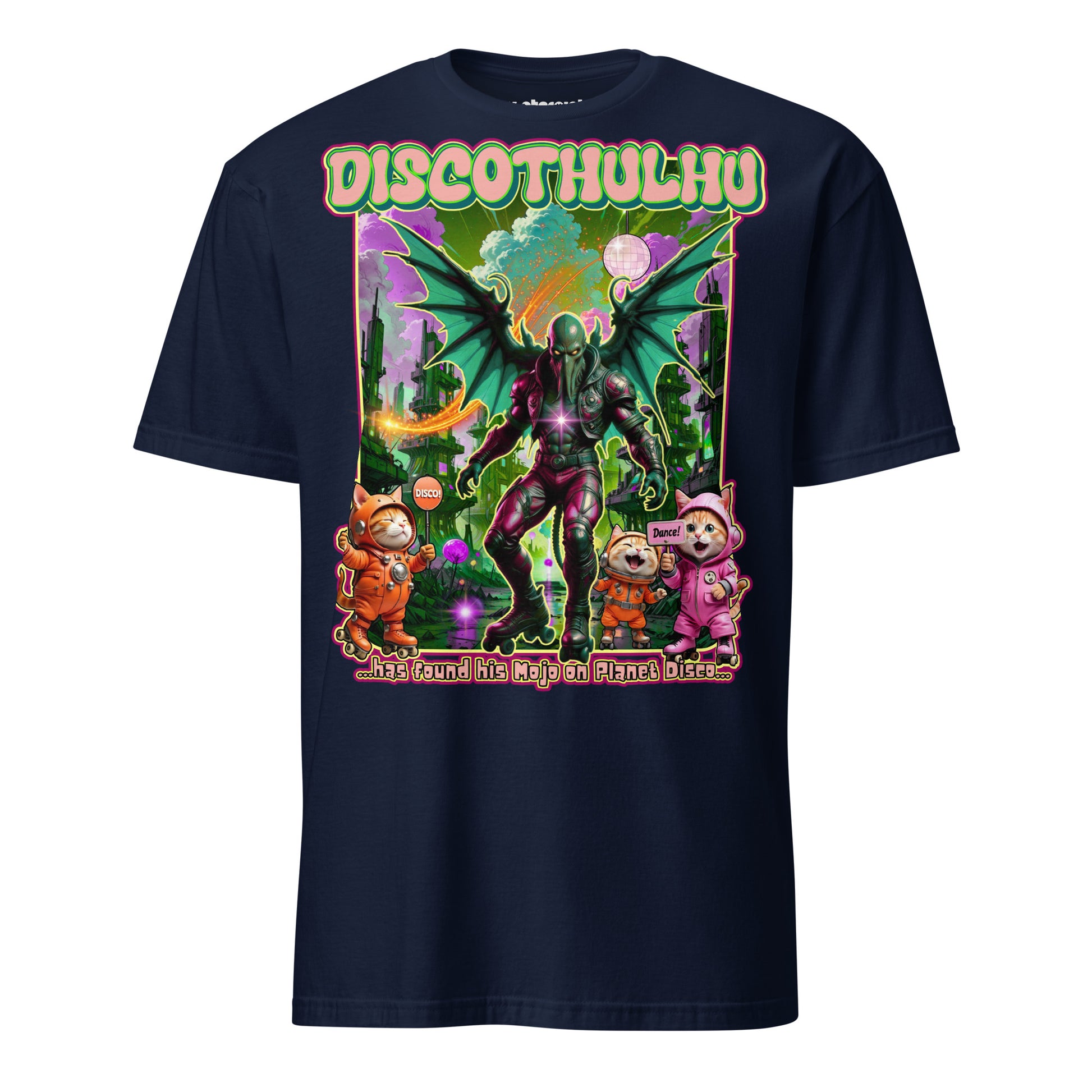 Winterpink T-Shirt Discothulhu – Cthulhu auf Rollschuhen mit Katzen im Disco-Style, großflächiger Frontdruck