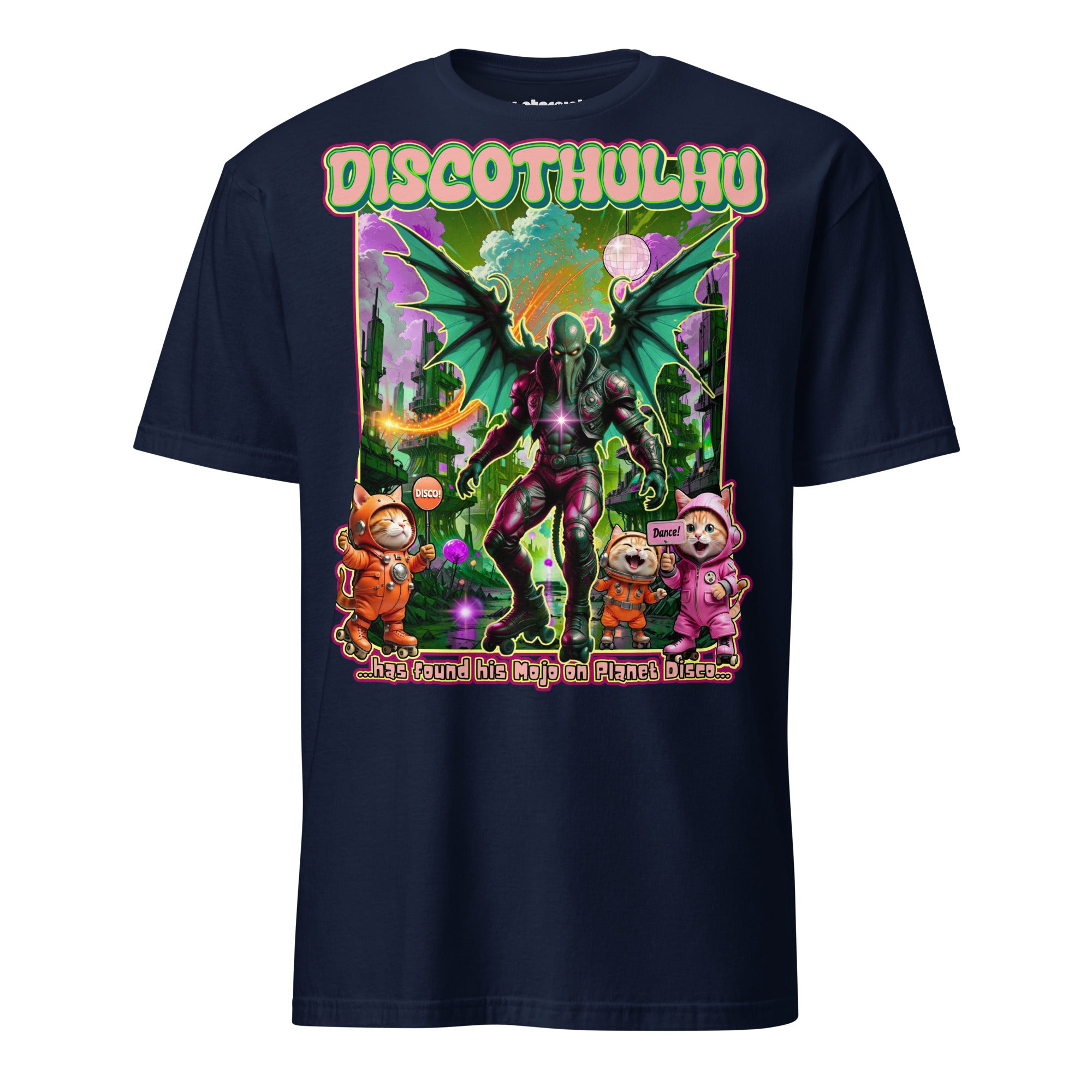 Winterpink T-Shirt Discothulhu – Cthulhu auf Rollschuhen mit Katzen im Disco-Style, großflächiger Frontdruck