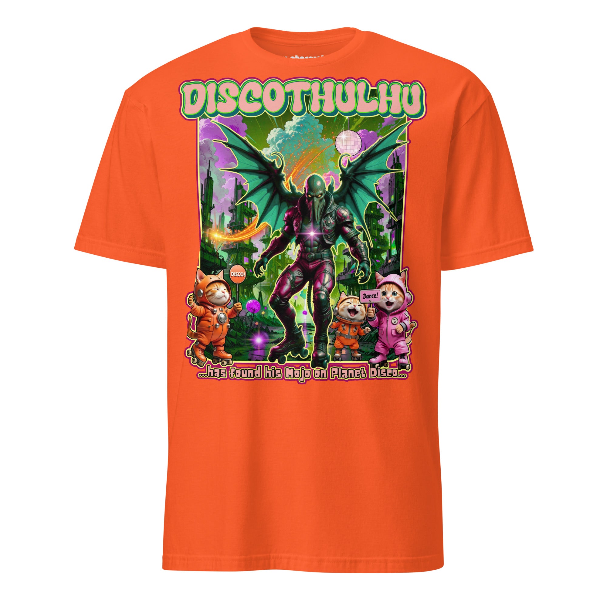 Winterpink T-Shirt Discothulhu – Cthulhu auf Rollschuhen mit Katzen im Disco-Style, großflächiger Frontdruck