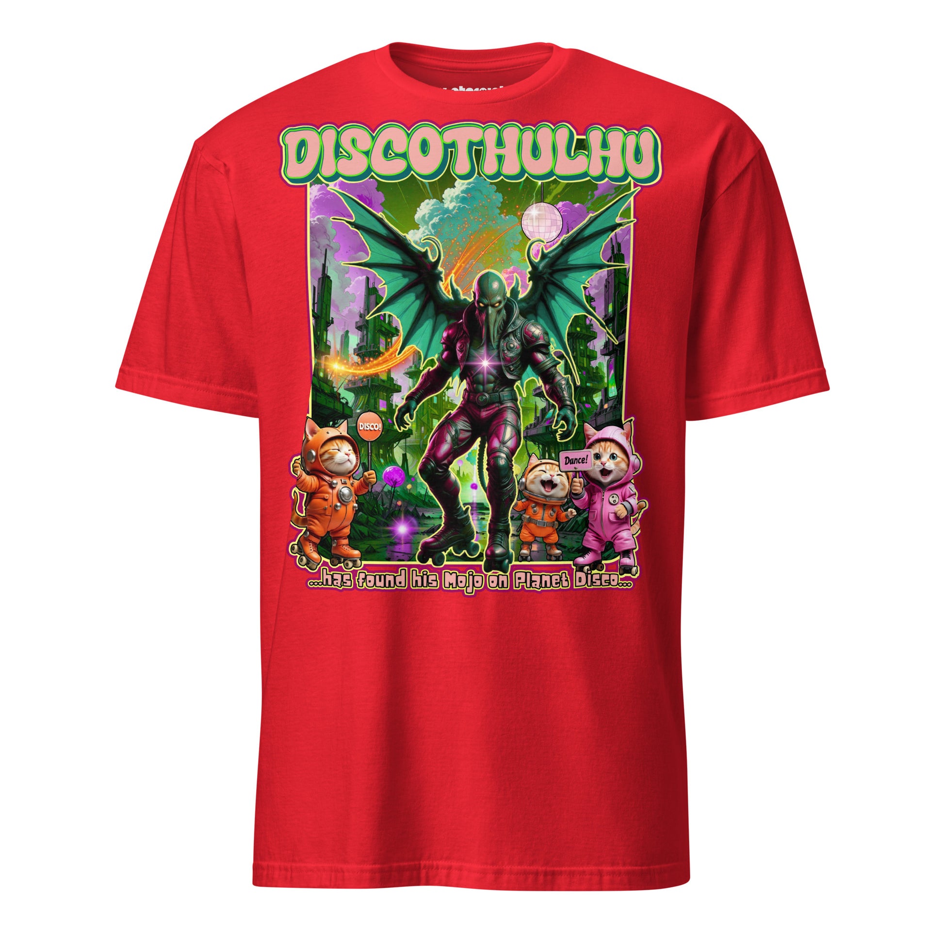Winterpink T-Shirt Discothulhu – Cthulhu auf Rollschuhen mit Katzen im Disco-Style, großflächiger Frontdruck