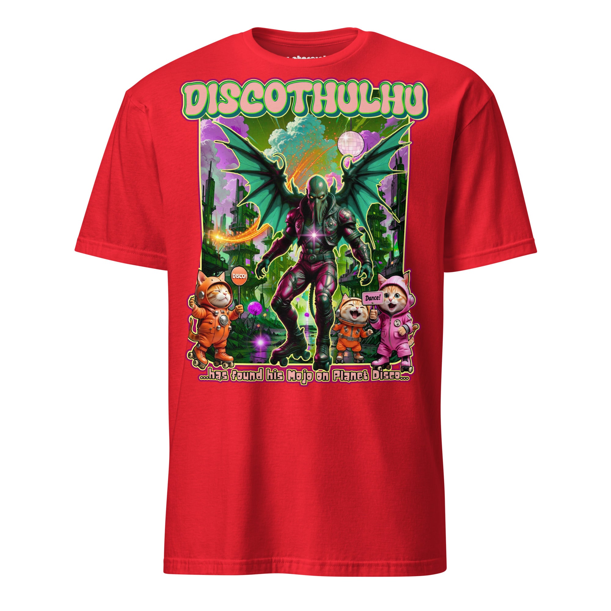 Winterpink T-Shirt Discothulhu – Cthulhu auf Rollschuhen mit Katzen im Disco-Style, großflächiger Frontdruck