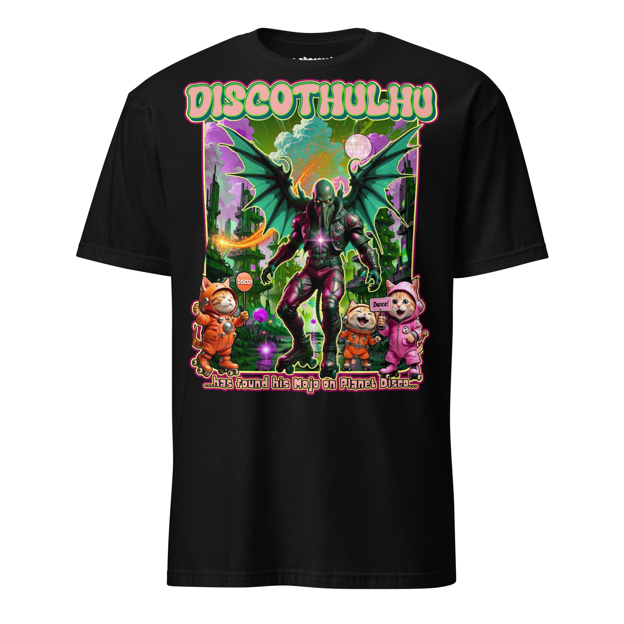Winterpink T-Shirt Discothulhu – Cthulhu auf Rollschuhen mit Katzen im Disco-Style, großflächiger Frontdruck
