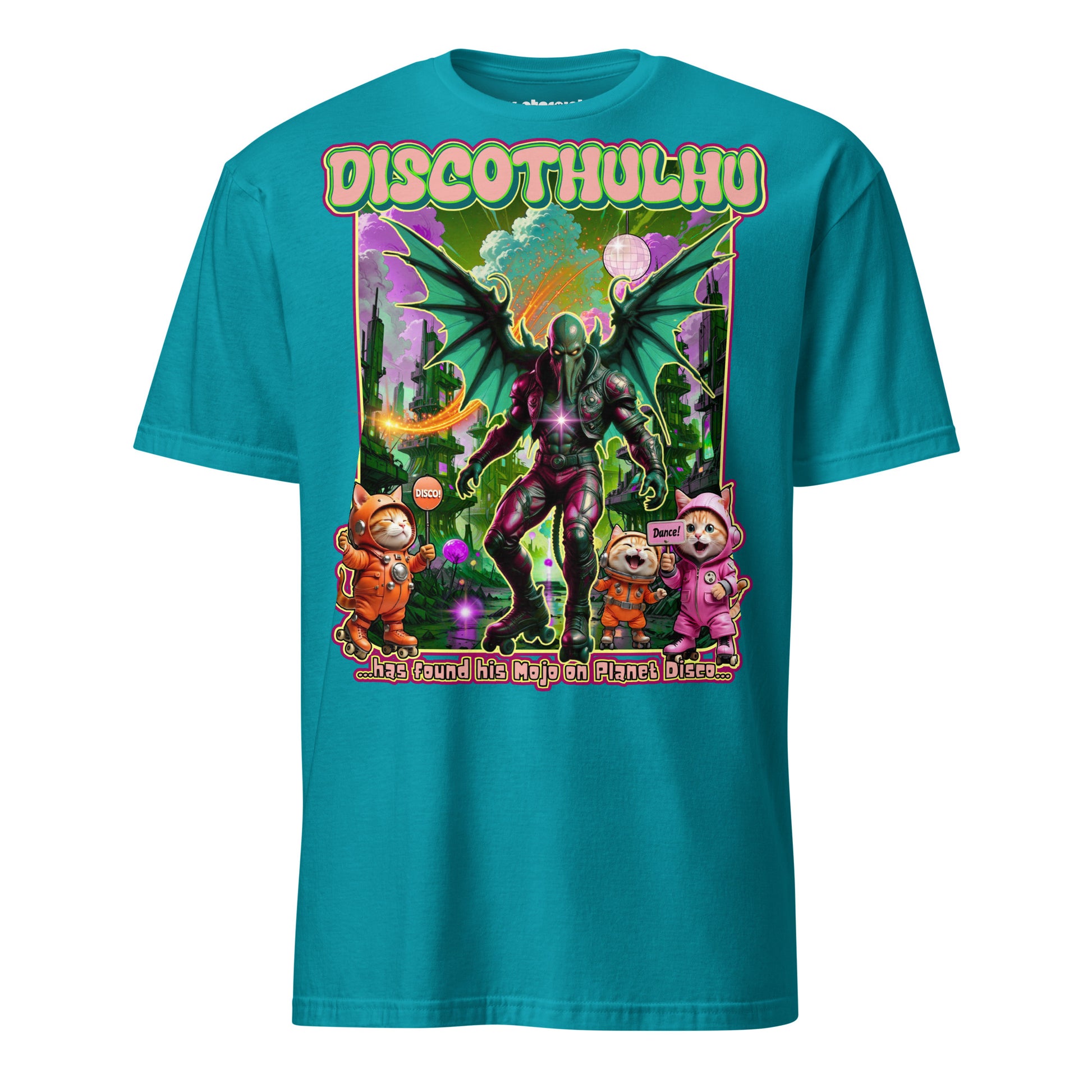 Winterpink T-Shirt Discothulhu – Cthulhu auf Rollschuhen mit Katzen im Disco-Style, großflächiger Frontdruck