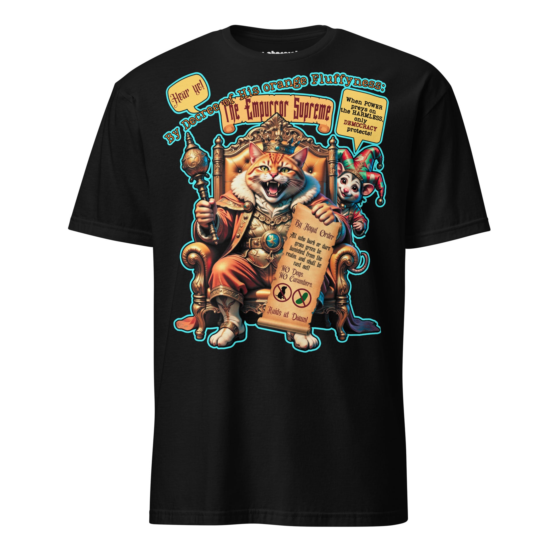 Winterpink T-Shirt The Empurror Supreme – orange Flauschdikator-Katze auf dem Thron mit Harlekin-Possum. Satirisches Cat-Content Design
