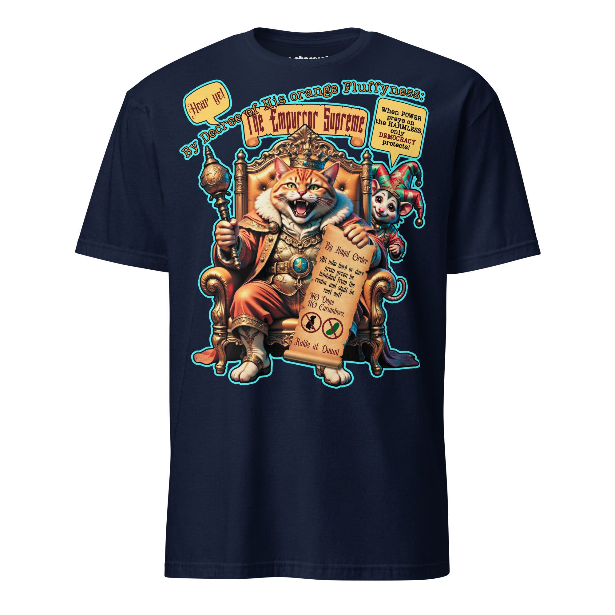 Winterpink T-Shirt The Empurror Supreme – orange Flauschdikator-Katze auf dem Thron mit Harlekin-Possum. Satirisches Cat-Content Design