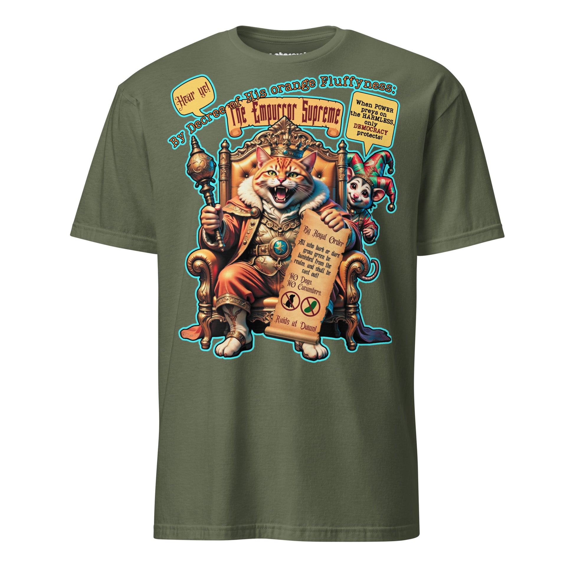 Winterpink T-Shirt The Empurror Supreme – orange Flauschdikator-Katze auf dem Thron mit Harlekin-Possum. Satirisches Cat-Content Design