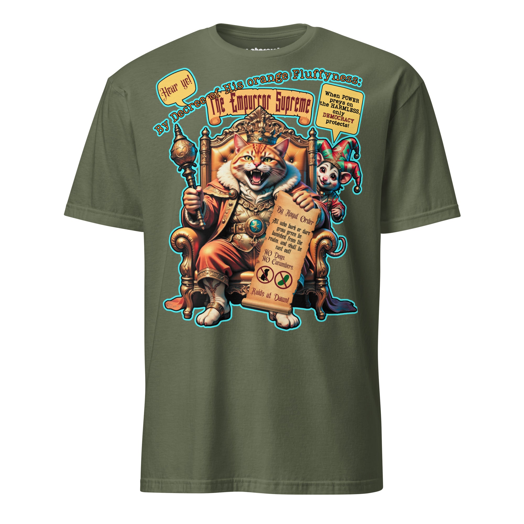 Winterpink T-Shirt The Empurror Supreme – orange Flauschdikator-Katze auf dem Thron mit Harlekin-Possum. Satirisches Cat-Content Design