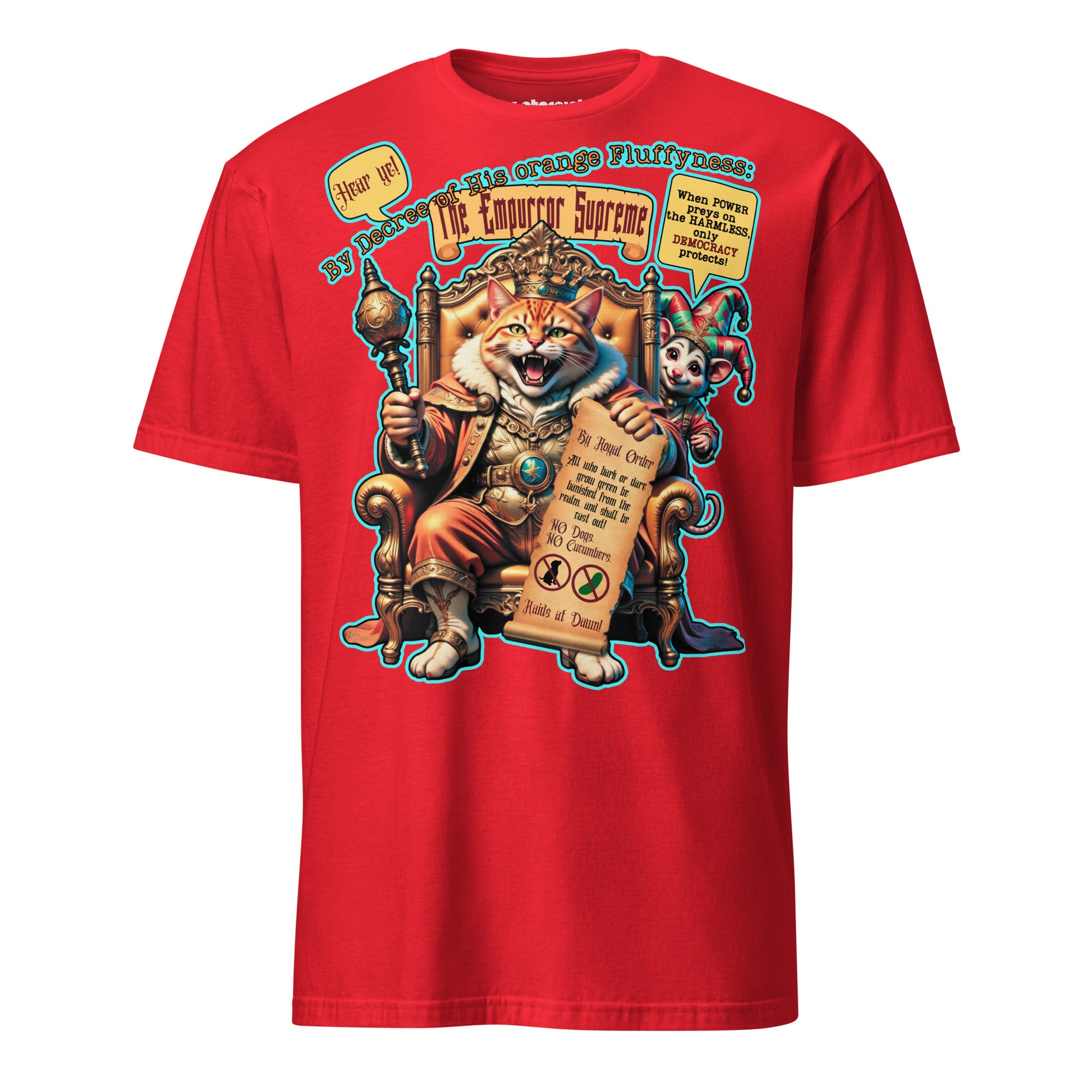 Winterpink T-Shirt The Empurror Supreme – orange Flauschdikator-Katze auf dem Thron mit Harlekin-Possum. Satirisches Cat-Content Design