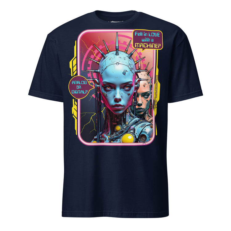Cyberpunk T-Shirt – zwei Cyborg-Gesichter, analog & digital, Neon-Future-Design, Fell in Love with a Machine? Analog or Digital?