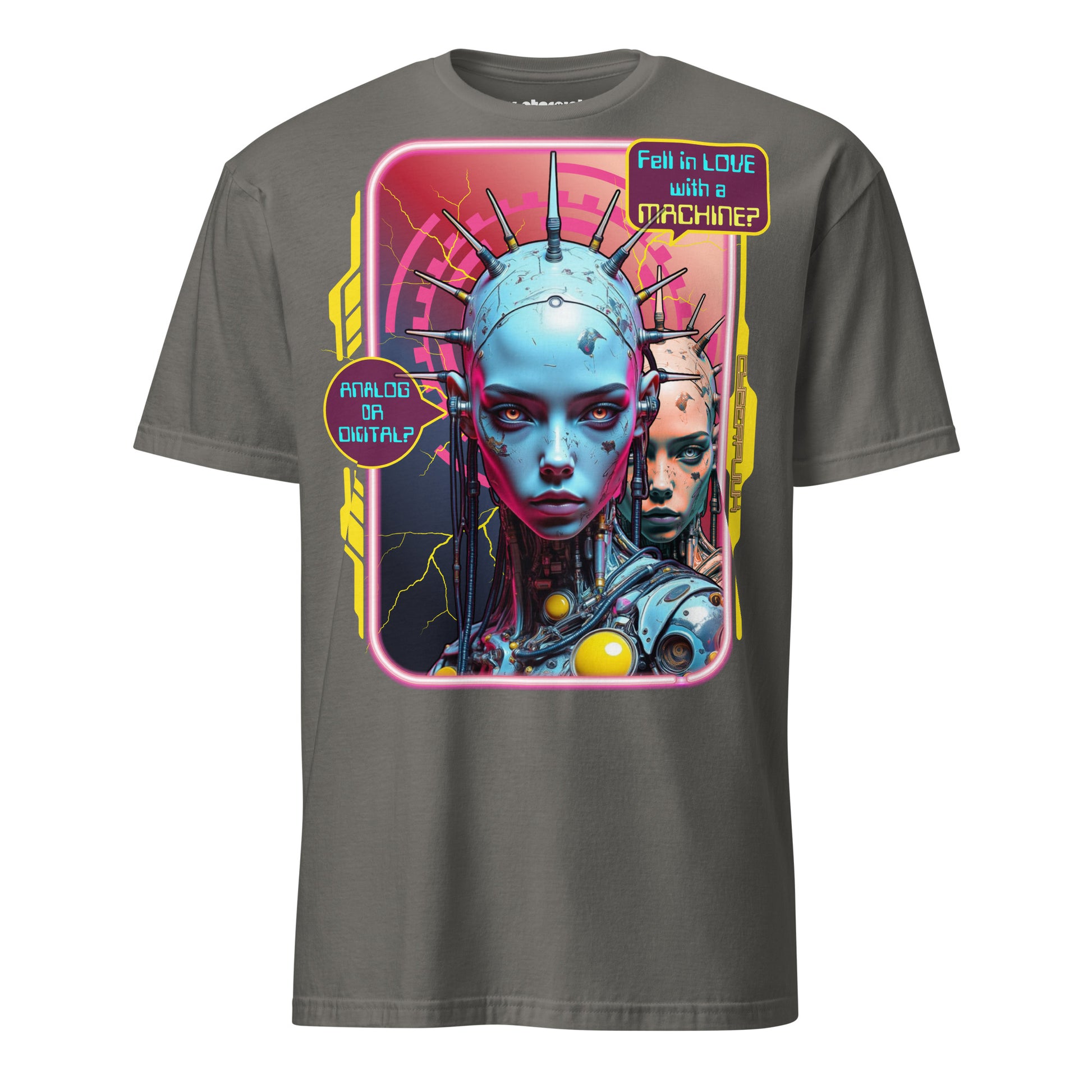 Cyberpunk T-Shirt – zwei Cyborg-Gesichter, analog & digital, Neon-Future-Design, Fell in Love with a Machine? Analog or Digital?