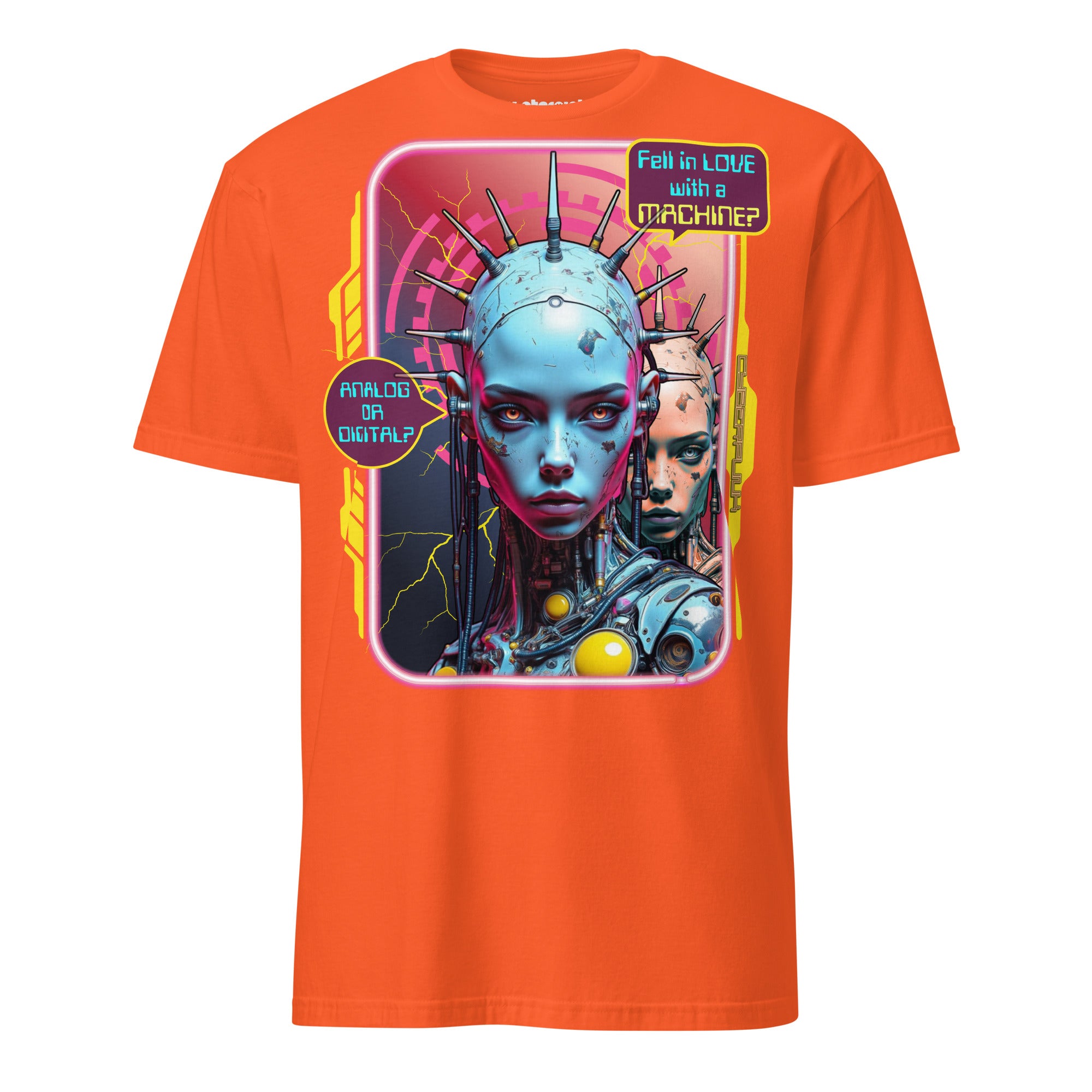 Cyberpunk T-Shirt – zwei Cyborg-Gesichter, analog & digital, Neon-Future-Design, Fell in Love with a Machine? Analog or Digital?