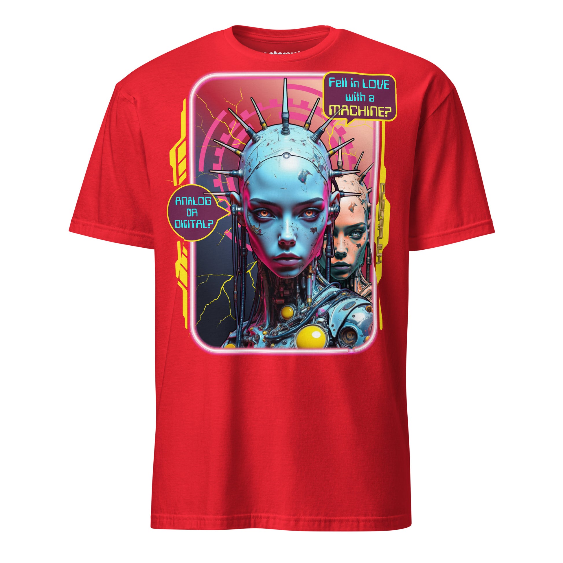 Cyberpunk T-Shirt – zwei Cyborg-Gesichter, analog & digital, Neon-Future-Design, Fell in Love with a Machine? Analog or Digital?
