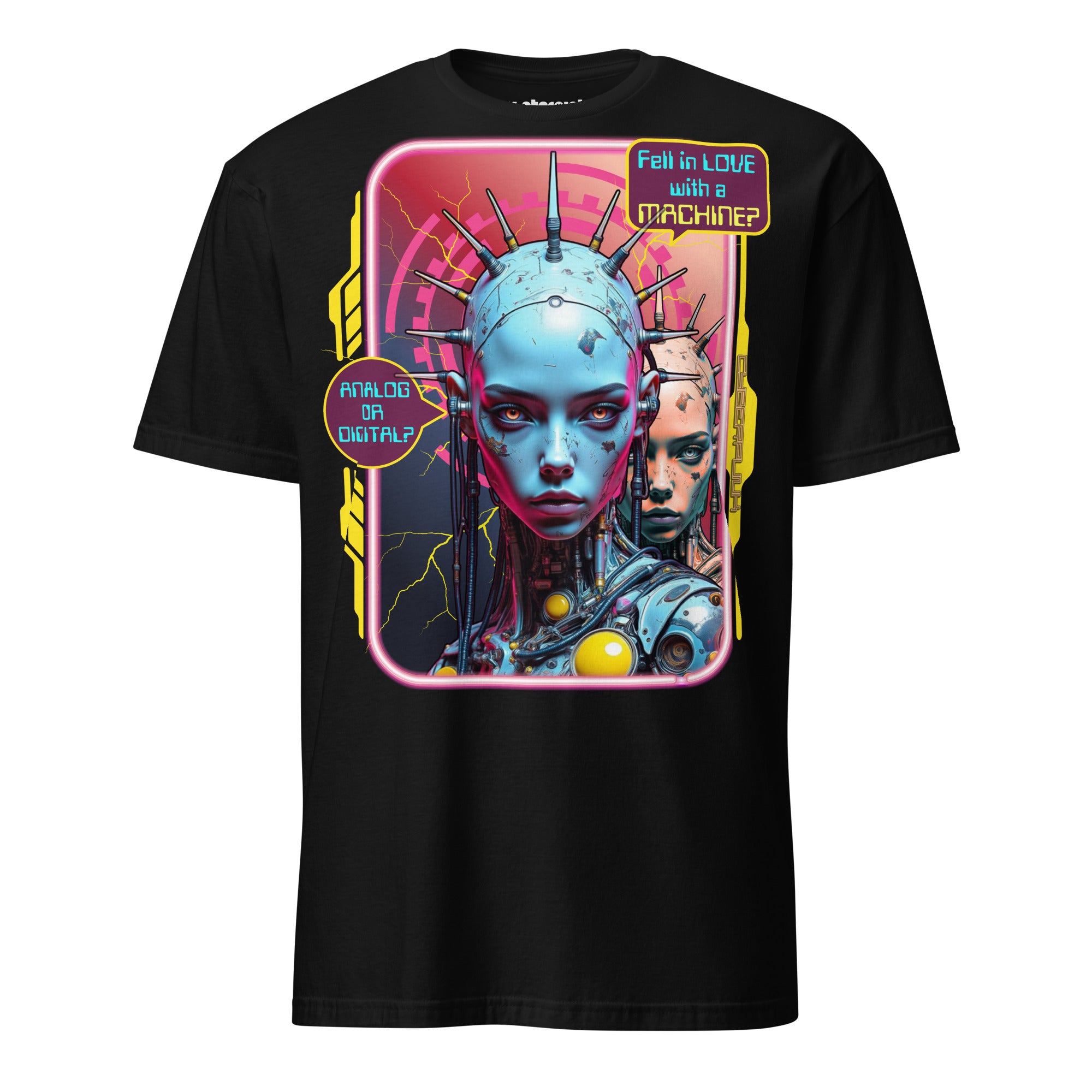 Cyberpunk T-Shirt – zwei Cyborg-Gesichter, analog & digital, Neon-Future-Design, Fell in Love with a Machine? Analog or Digital?