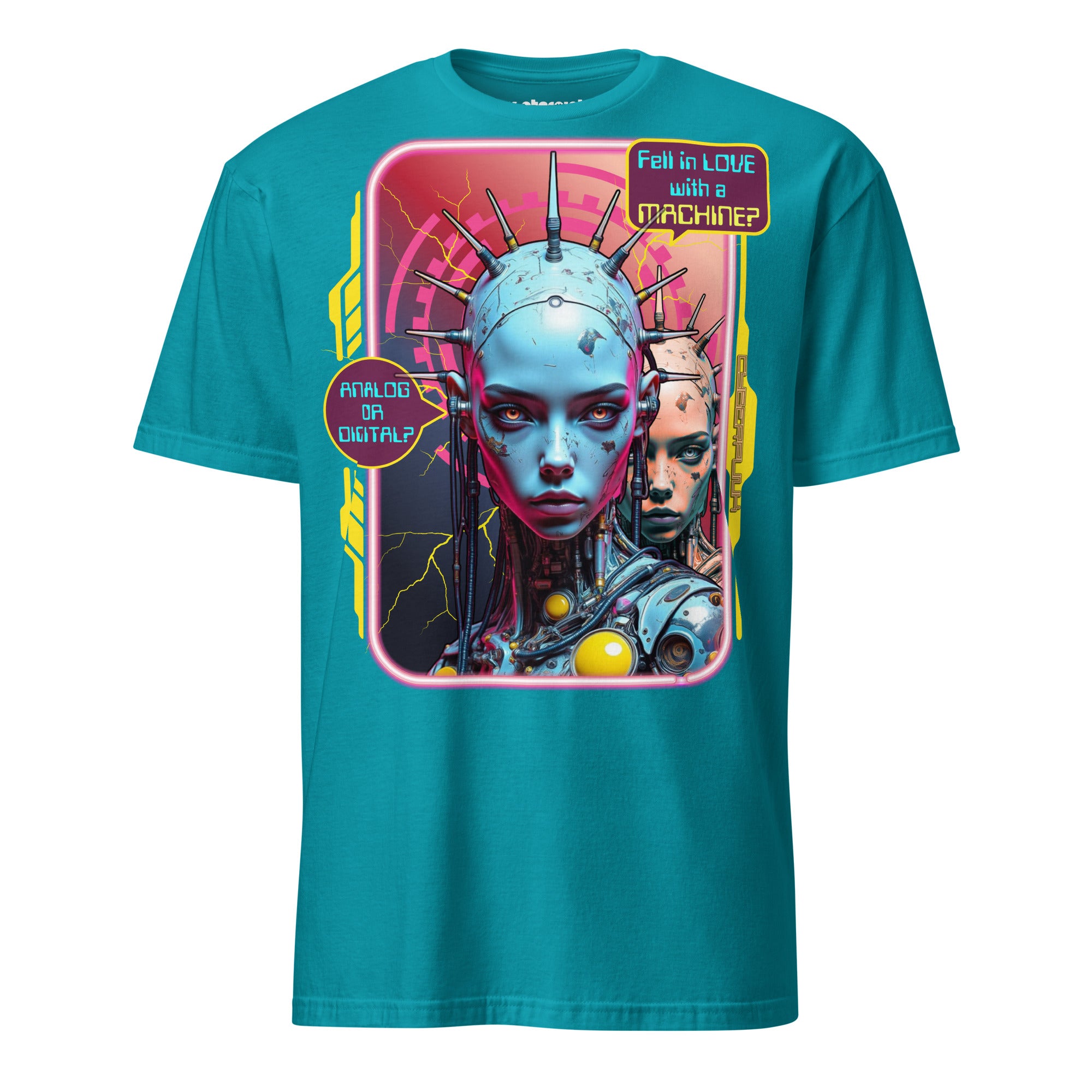 Cyberpunk T-Shirt – zwei Cyborg-Gesichter, analog & digital, Neon-Future-Design, Fell in Love with a Machine? Analog or Digital?