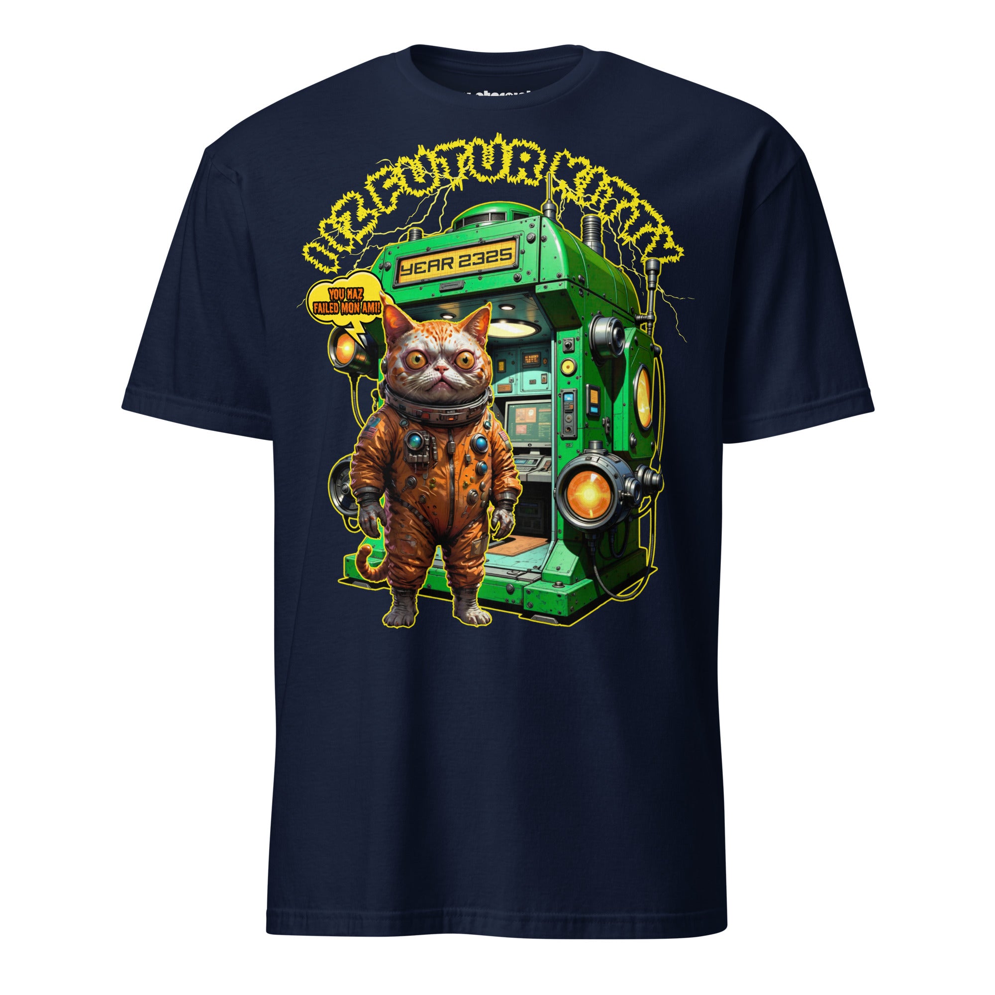 Winterpink T-Shirt I IZ FUTUR KITTY – mutierte Katze im Space-Suit vor Zeitmaschine, Sci-Fi Future-Meme Design aus dem Jahr 2325