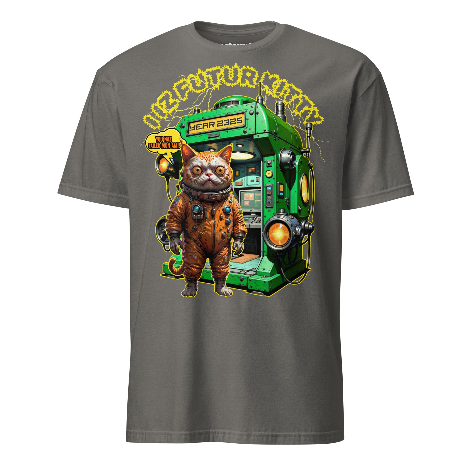Winterpink T-Shirt I IZ FUTUR KITTY – mutierte Katze im Space-Suit vor Zeitmaschine, Sci-Fi Future-Meme Design aus dem Jahr 2325