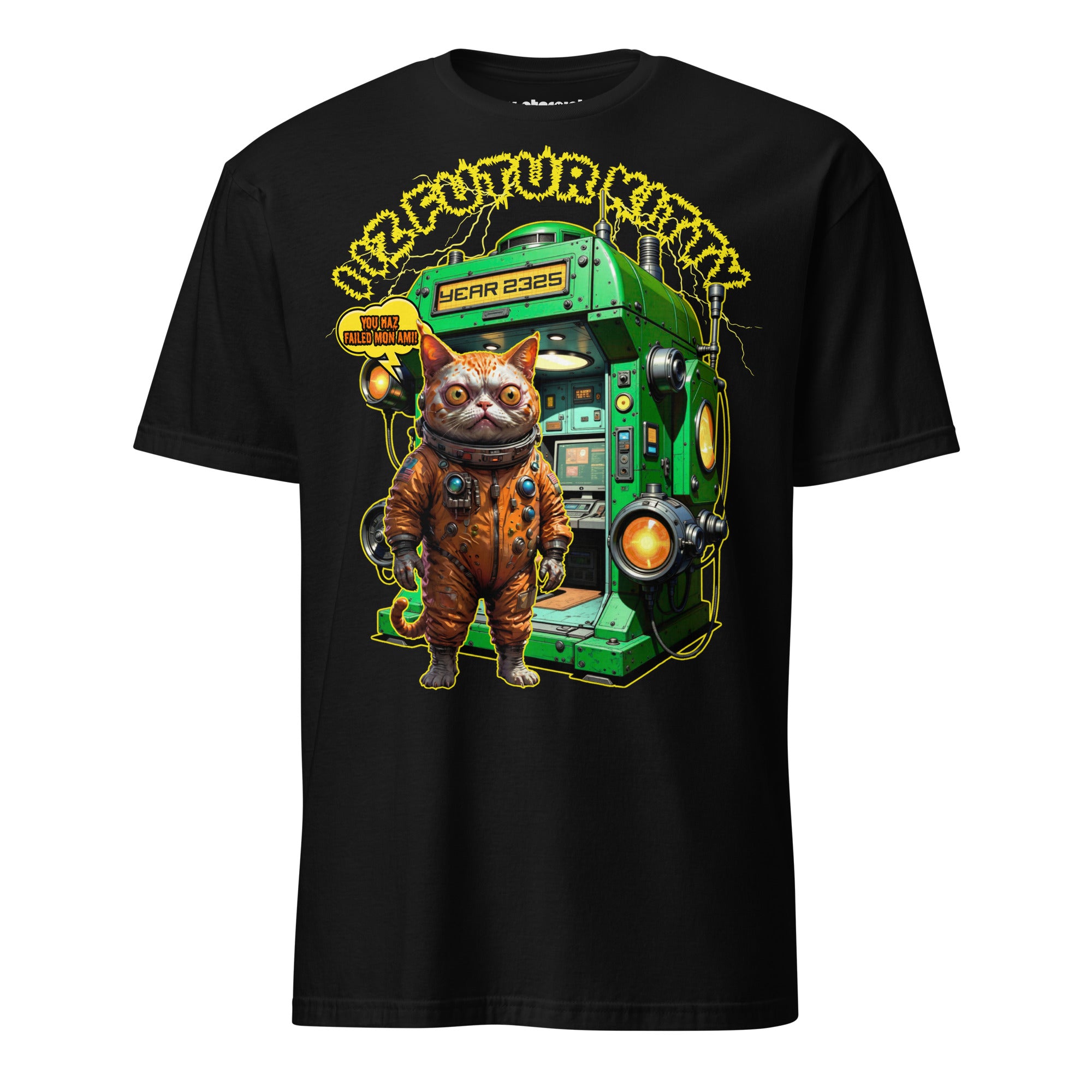 Winterpink T-Shirt I IZ FUTUR KITTY – mutierte Katze im Space-Suit vor Zeitmaschine, Sci-Fi Future-Meme Design aus dem Jahr 2325