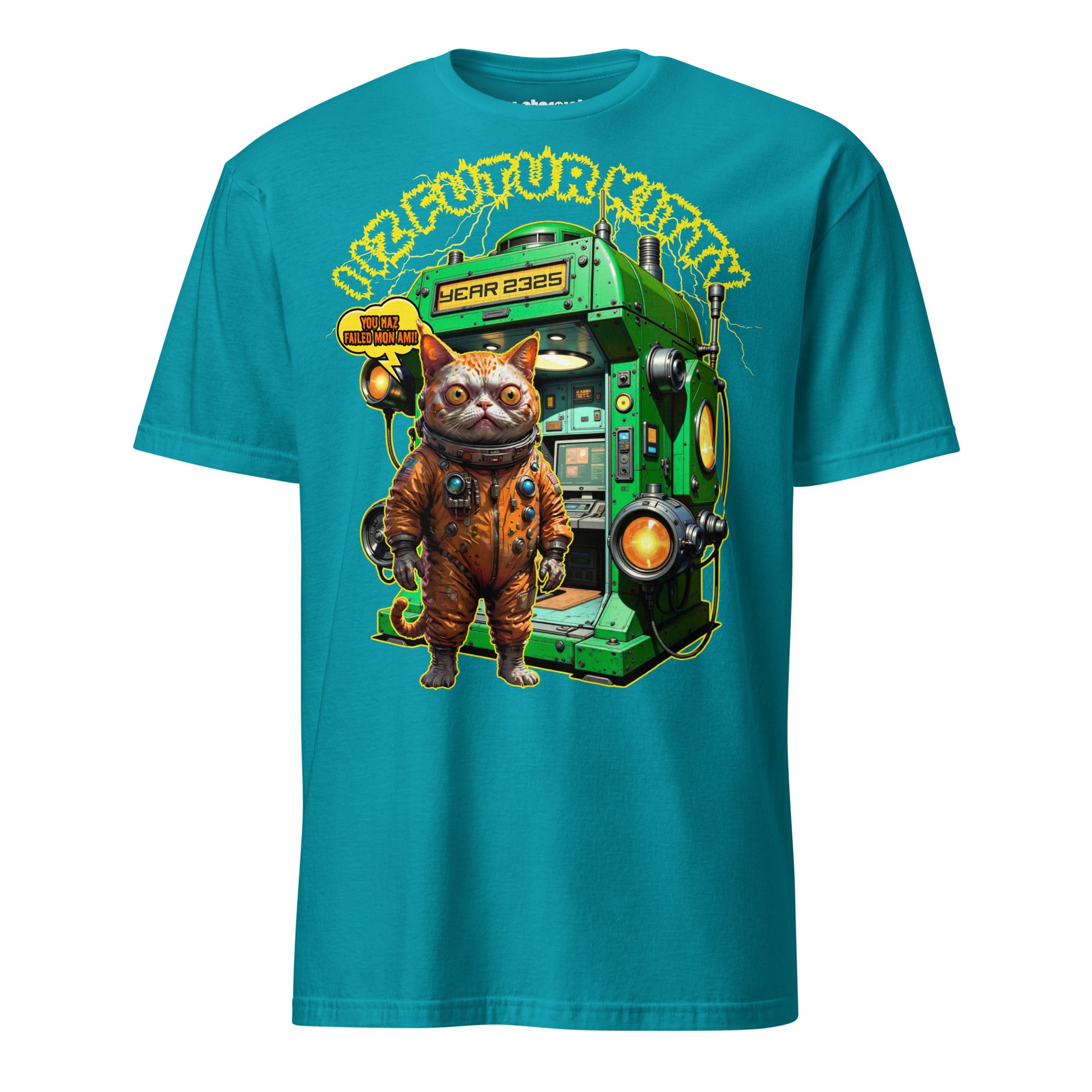 Winterpink T-Shirt I IZ FUTUR KITTY – mutierte Katze im Space-Suit vor Zeitmaschine, Sci-Fi Future-Meme Design aus dem Jahr 2325