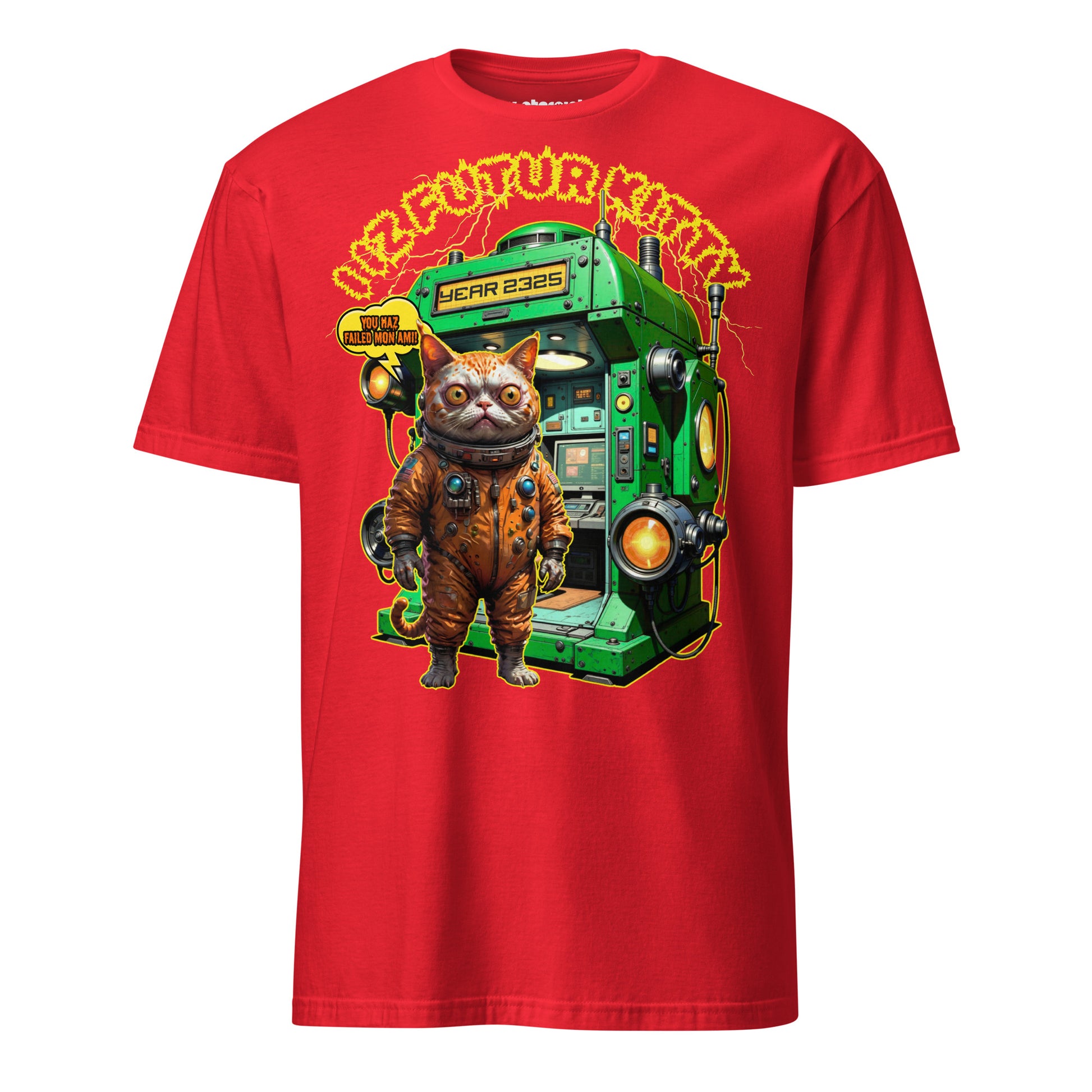 Winterpink T-Shirt I IZ FUTUR KITTY – mutierte Katze im Space-Suit vor Zeitmaschine, Sci-Fi Future-Meme Design aus dem Jahr 2325
