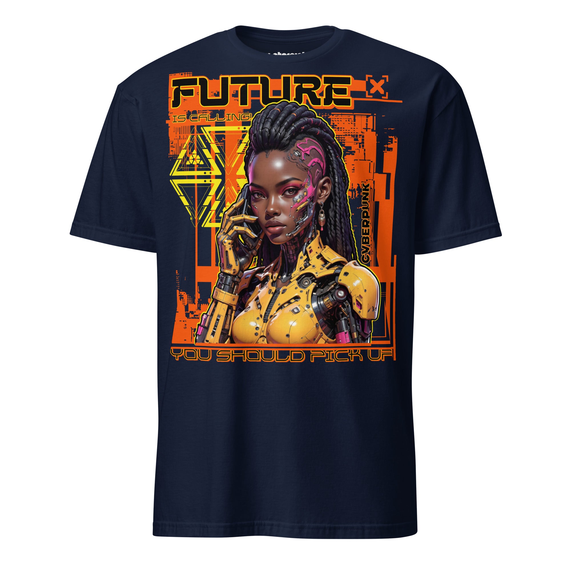 T-Shirt mit Cyberpunk-Motiv einer futuristischen Frau in Neonfarben und der Aufschrift „Future is Calling you should pick up“