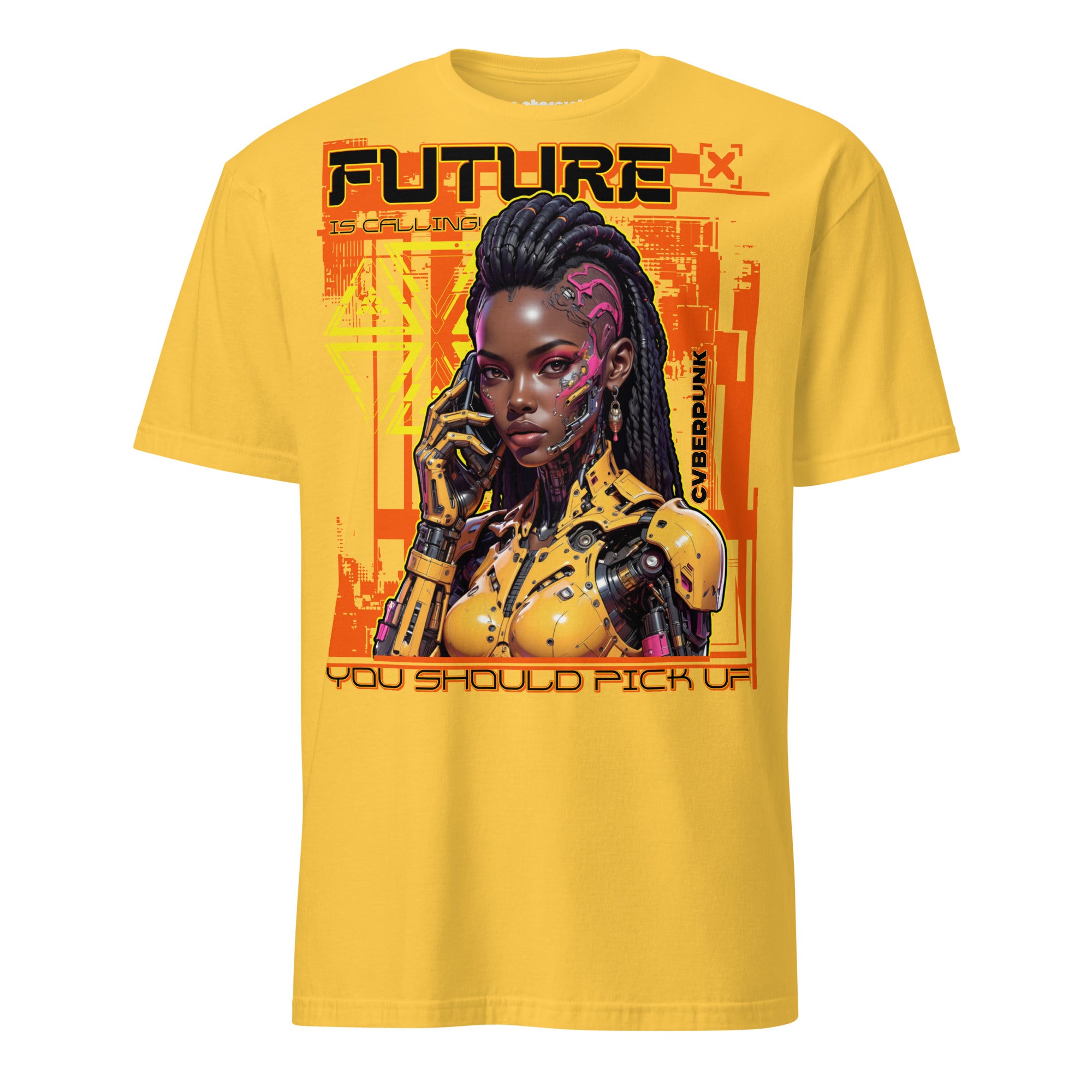 T-Shirt mit Cyberpunk-Motiv einer futuristischen Frau in Neonfarben und der Aufschrift „Future is Calling you should pick up“