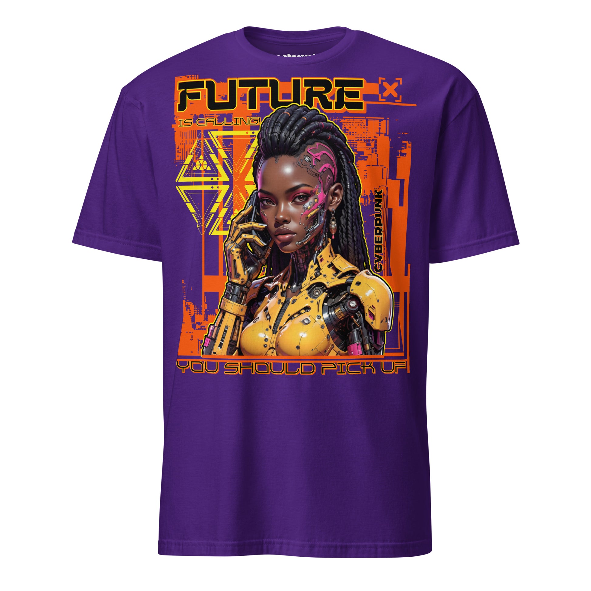 T-Shirt mit Cyberpunk-Motiv einer futuristischen Frau in Neonfarben und der Aufschrift „Future is Calling you should pick up“