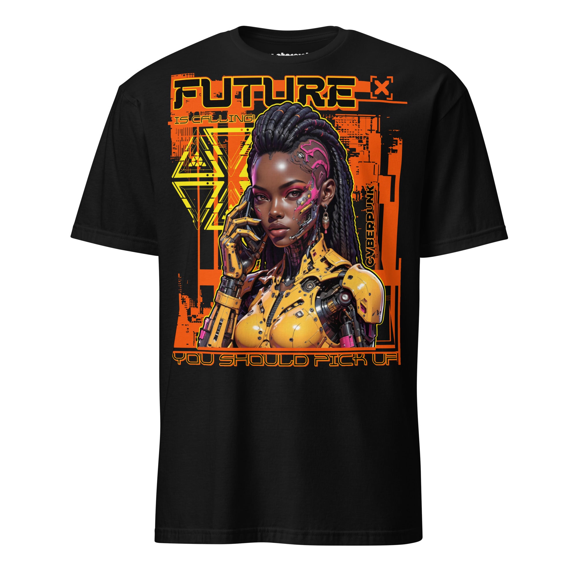 T-Shirt mit Cyberpunk-Motiv einer futuristischen Frau in Neonfarben und der Aufschrift „Future is Calling you should pick up“
