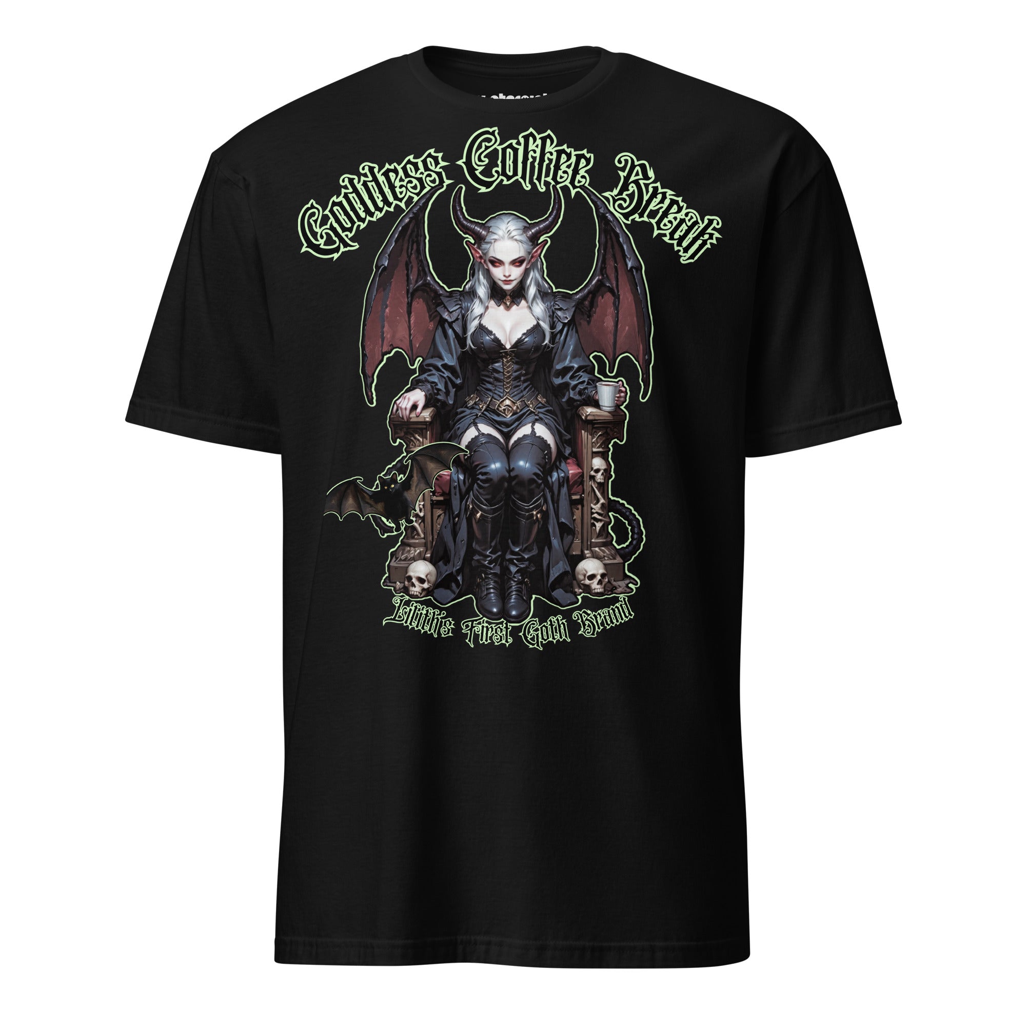 Winterpink T-Shirt Goddess Coffee Break – Liliths First Goth Brand mit Flederkatze, Kaffee-Motiv und rebellischem Empowerment-Design