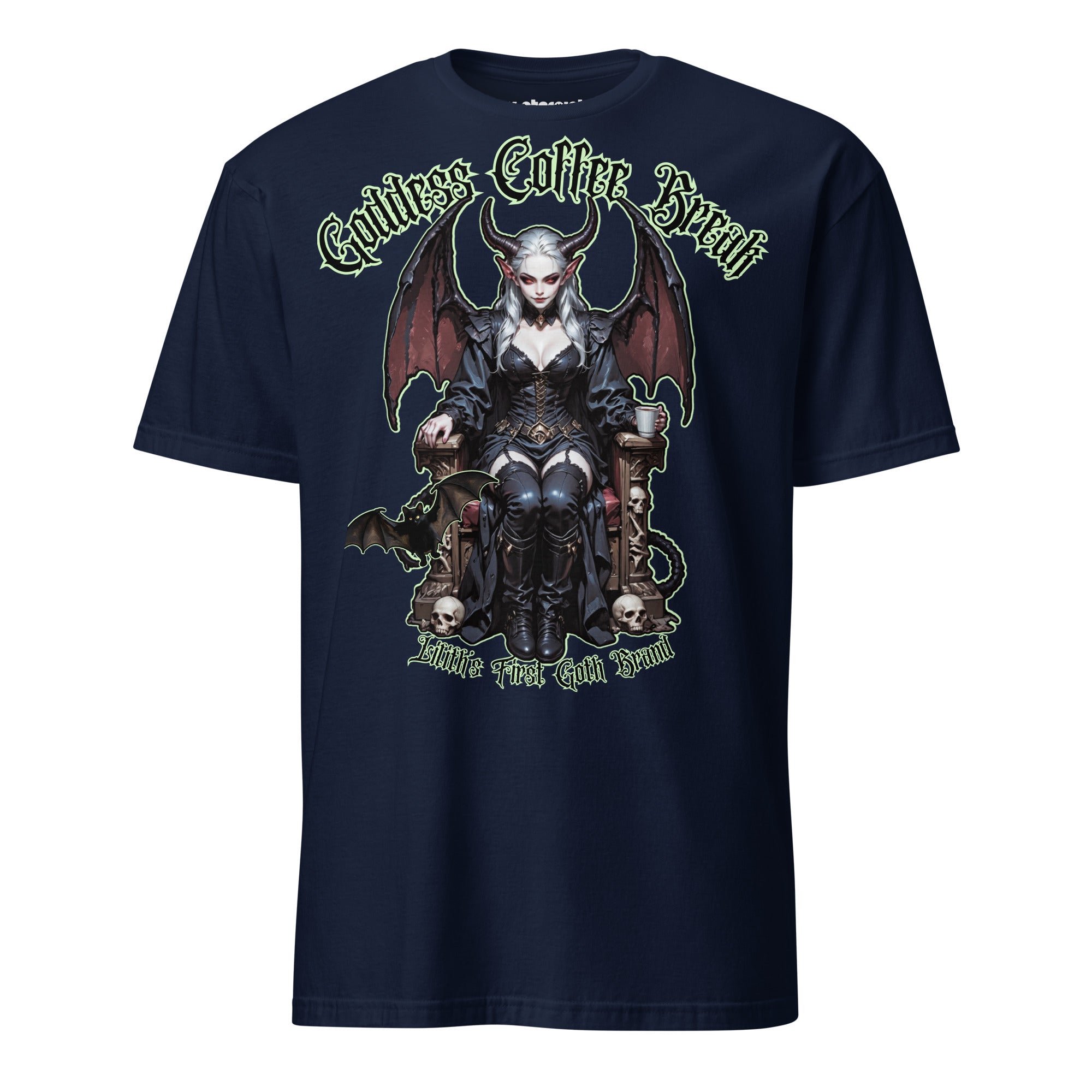 Winterpink T-Shirt Goddess Coffee Break – Liliths First Goth Brand mit Flederkatze, Kaffee-Motiv und rebellischem Empowerment-Design