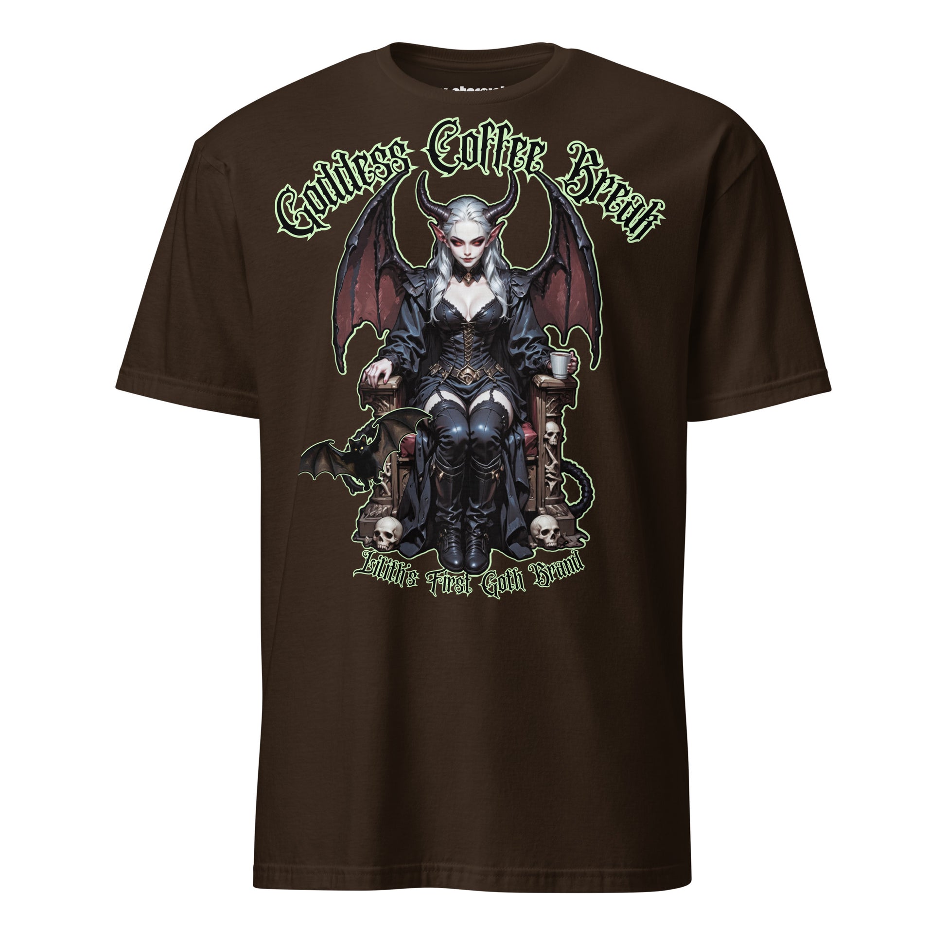 Winterpink T-Shirt Goddess Coffee Break – Liliths First Goth Brand mit Flederkatze, Kaffee-Motiv und rebellischem Empowerment-Design