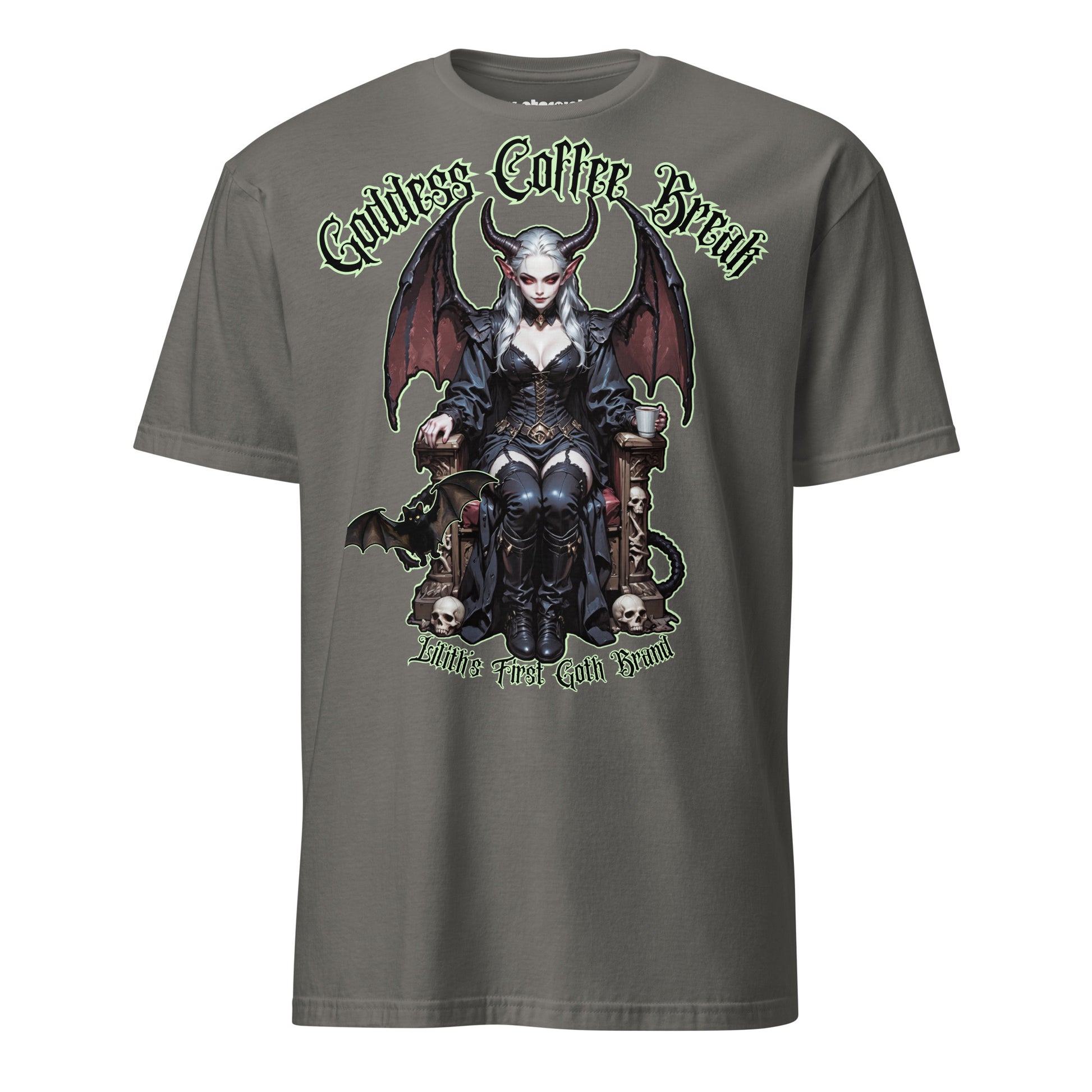 Winterpink T-Shirt Goddess Coffee Break – Liliths First Goth Brand mit Flederkatze, Kaffee-Motiv und rebellischem Empowerment-Design